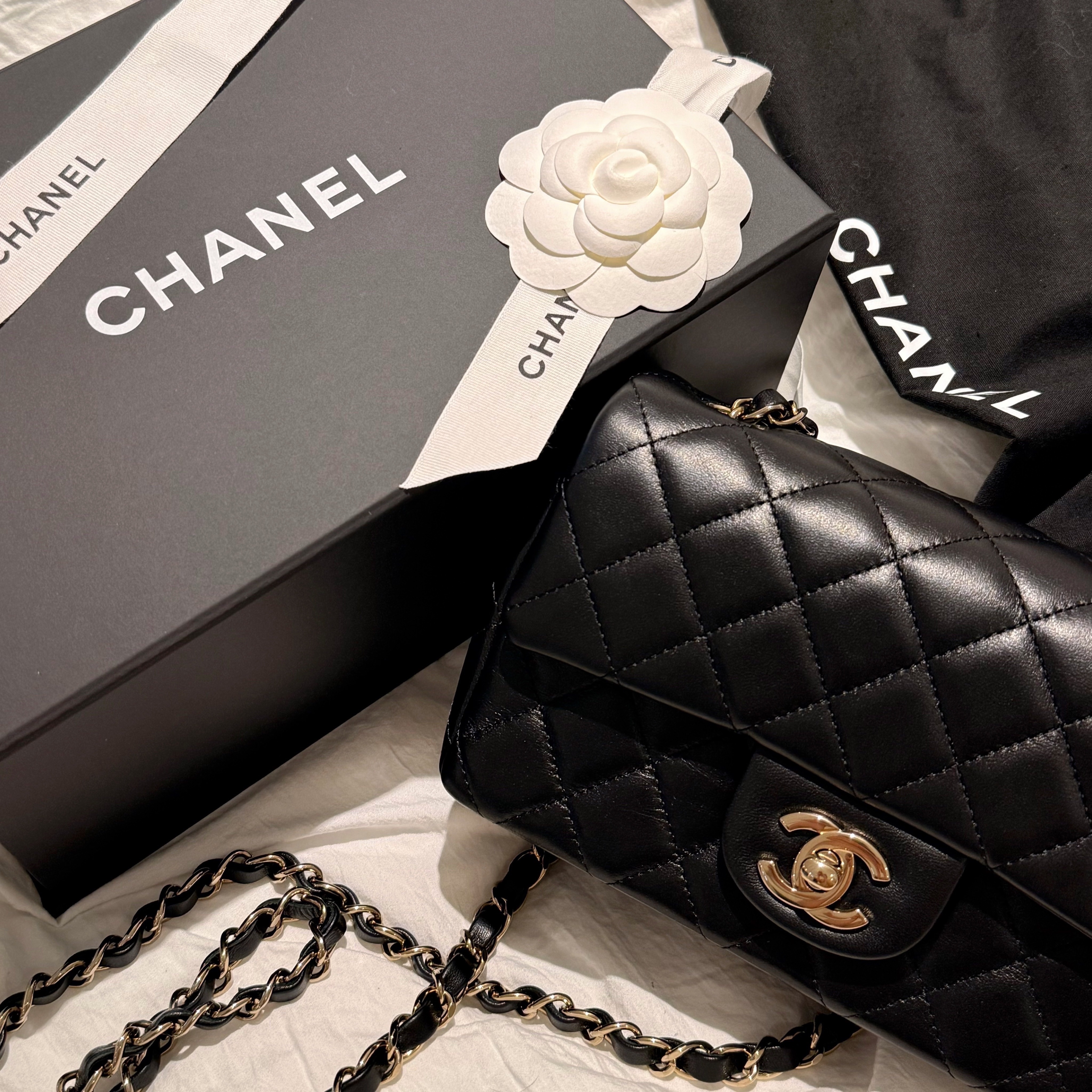 Chanel Mini Flap Bag Lambskin & Gold Black 착용 스타일