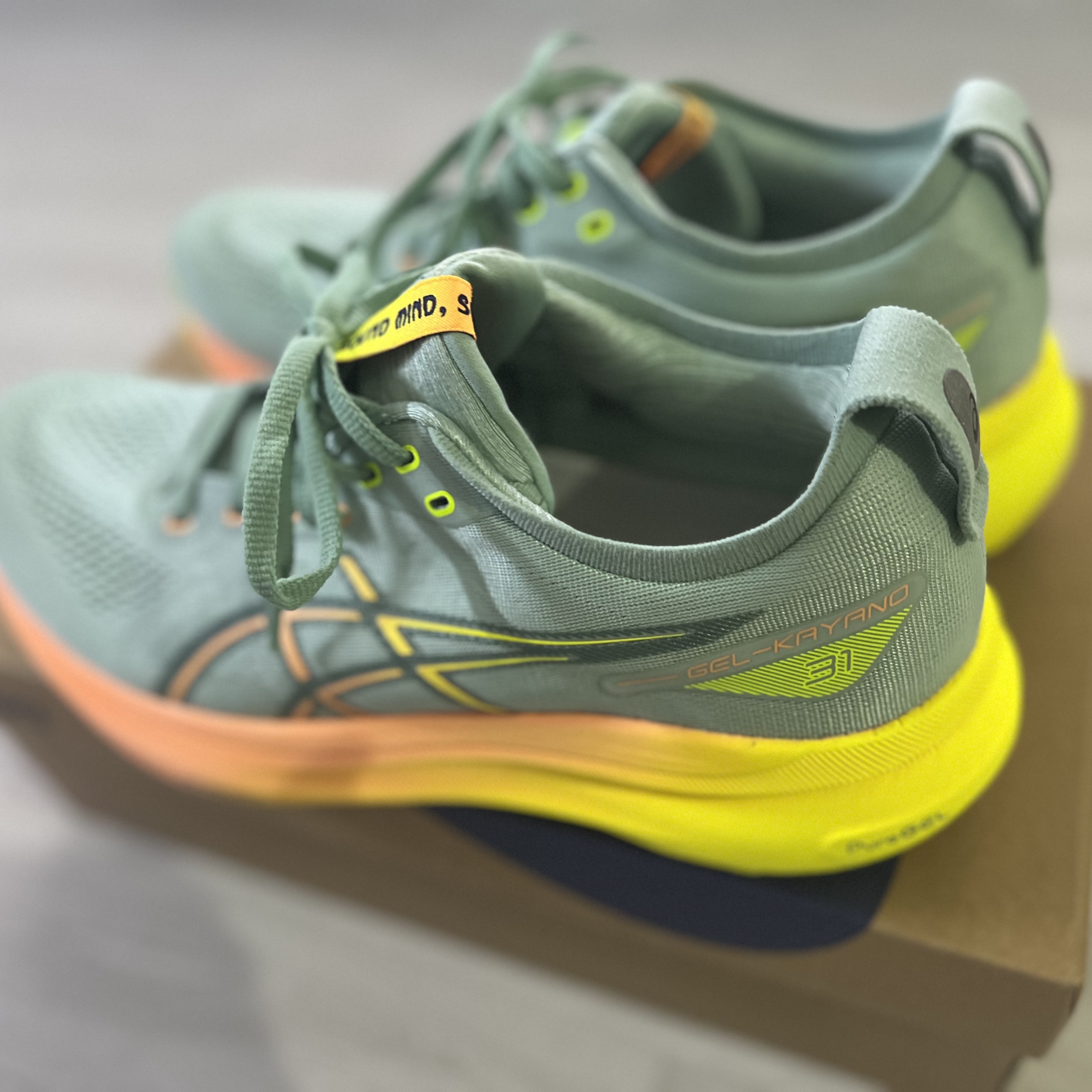 Asics Gel-Kayano 31 Paris Light Celadon Safety Yellow 착용 스타일