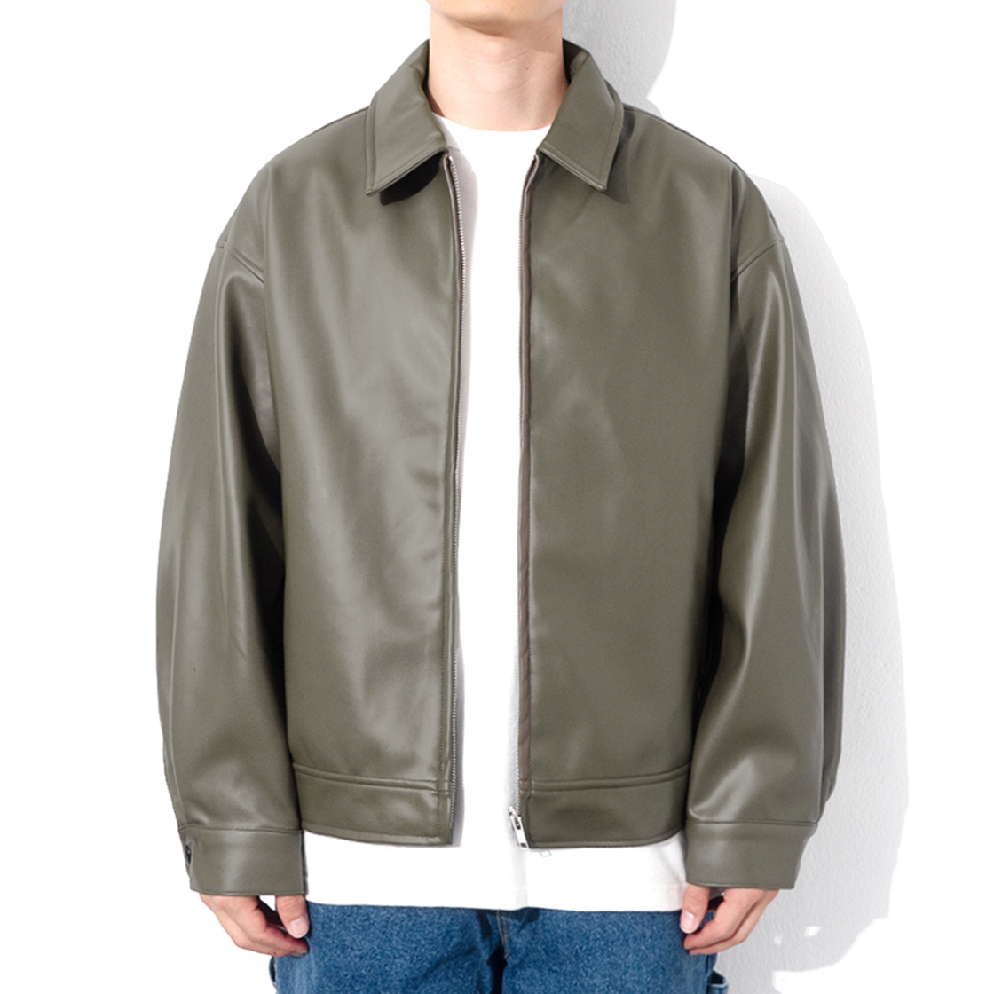 큐티에잇 가먼츠 신세틱 레더 싱글 자켓 그레이 카키(QT8 Garments TL Synthetic Leather Single Jacket Grey Khaki) - 3