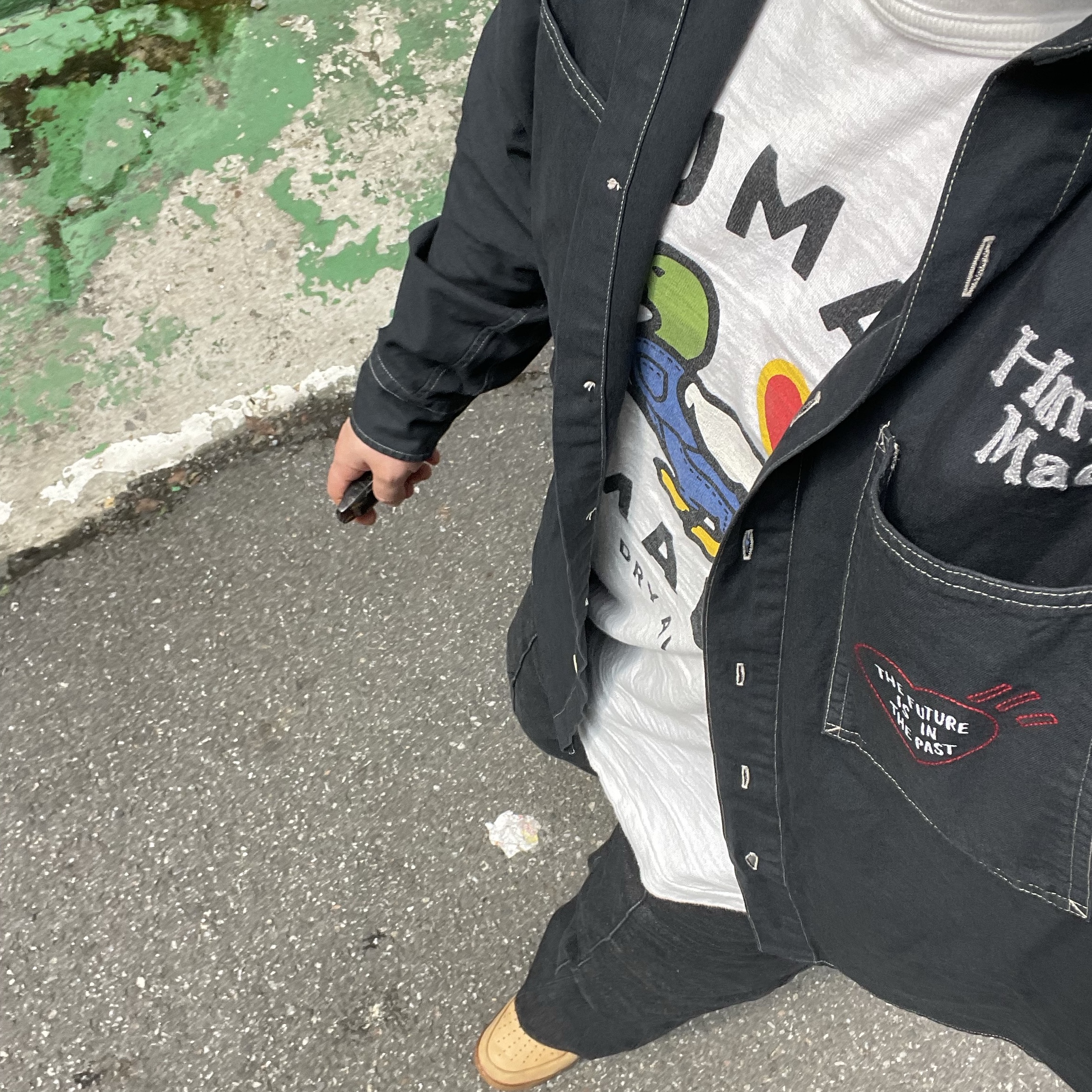 Human Made Stitch Work Shirt Black, Human Made Graphic T-Shirt #05 White 착용 스타일