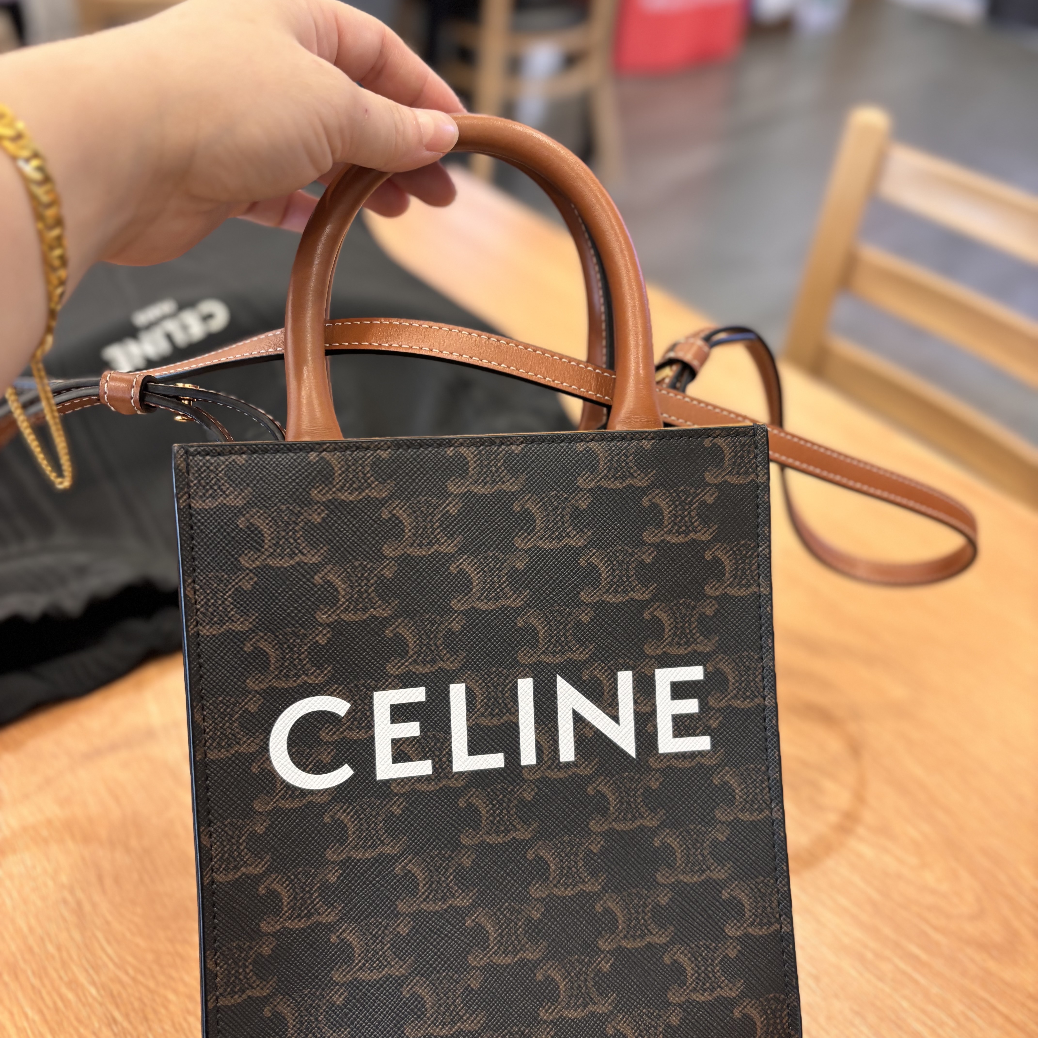 Celine Mini Vertical Cabas in Triomphe Canvas and Calfskin with Celine Print Tan 착용 스타일 - 1