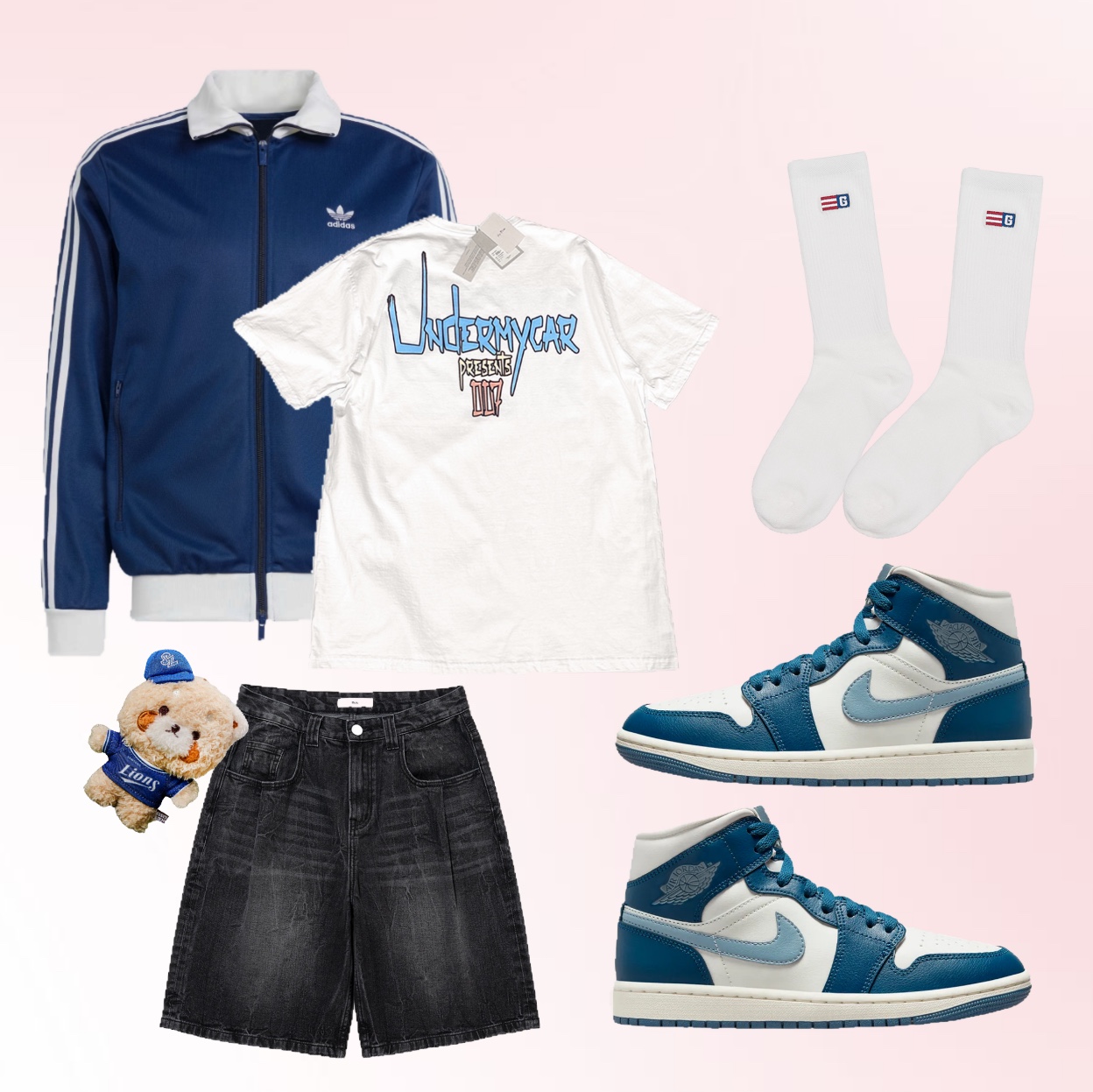 (W) Jordan 1 Mid Sky J French Blue, Millo Archive Denim Bermuda Pants Washed Black 착용 스타일