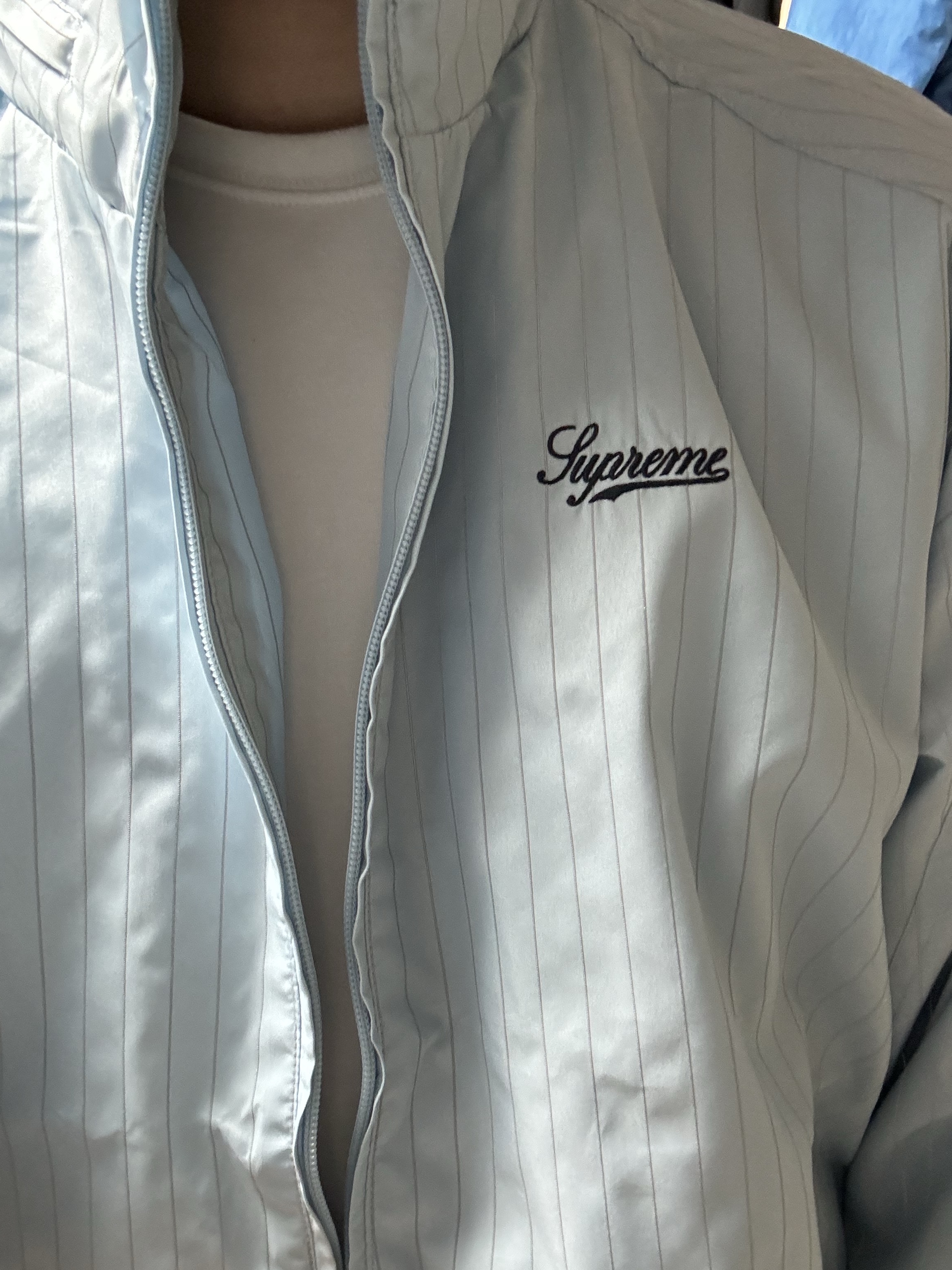 Supreme Reflective Pinstripe Track Jacket Light Blue - 24FW 착용 스타일 - 1