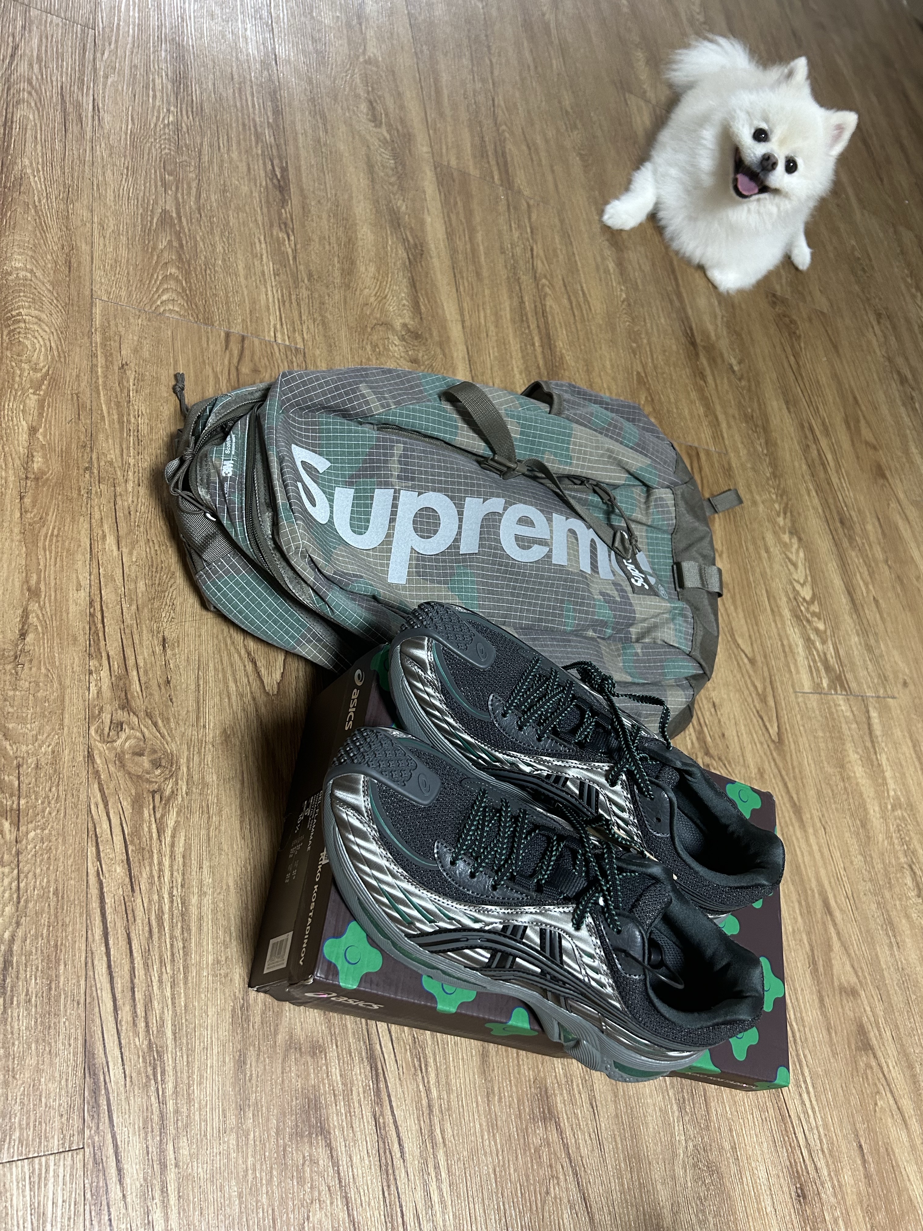 Supreme Backpack Woodland Camo - 24SS, (W) Asics x Kiko Kostadinov Gel-Flammae Grey Black 착용 스타일