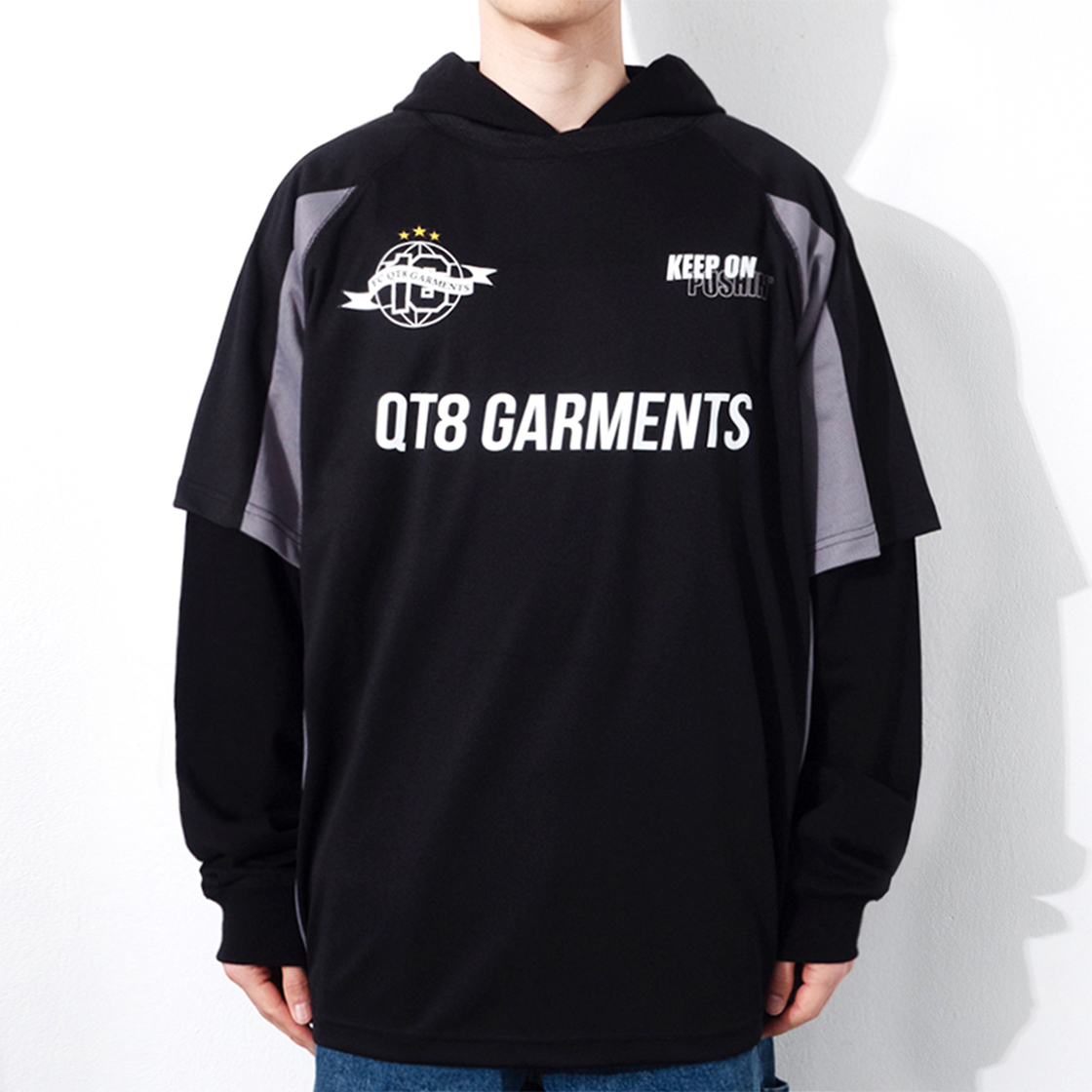 큐티에잇 가먼츠 싸커 레이어드 후디 져지 블랙(QT8 GARMENTS 3R Soccer Layered Hoodie Jersey Black) - 3