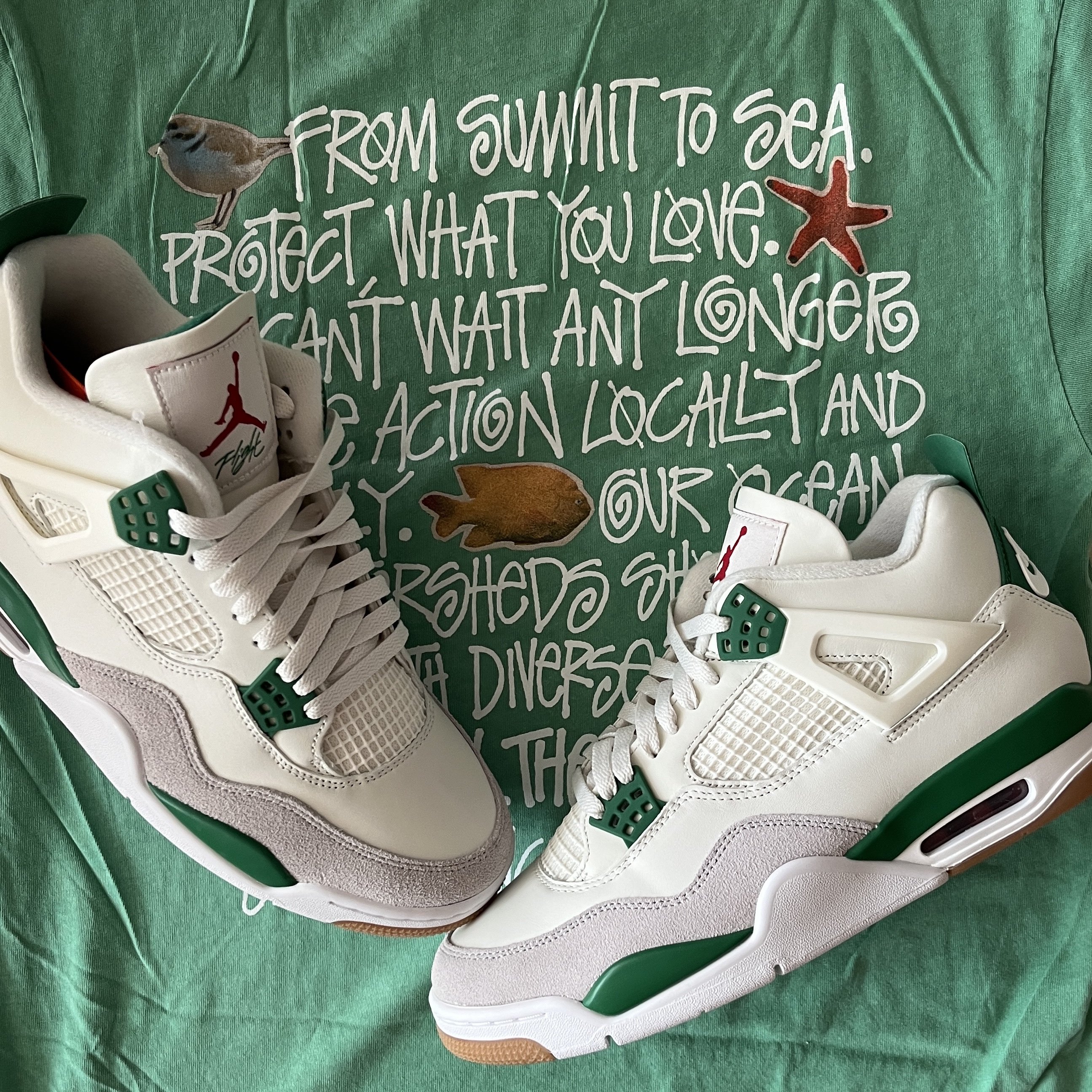 Jordan 4 x Nike SB Retro SP Pine Green, Stussy x Heal The Bay Summit To Sea Pigment Dyed T-Shirt Seafoam 착용 스타일 - 2