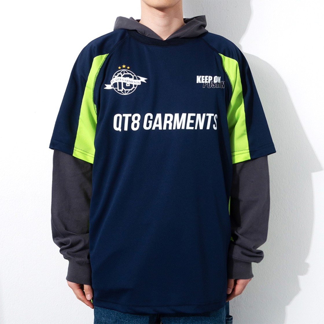 QT8 GARMENTS 3R Soccer Layered Hoodie Jersey Navy 상세 이미지 3