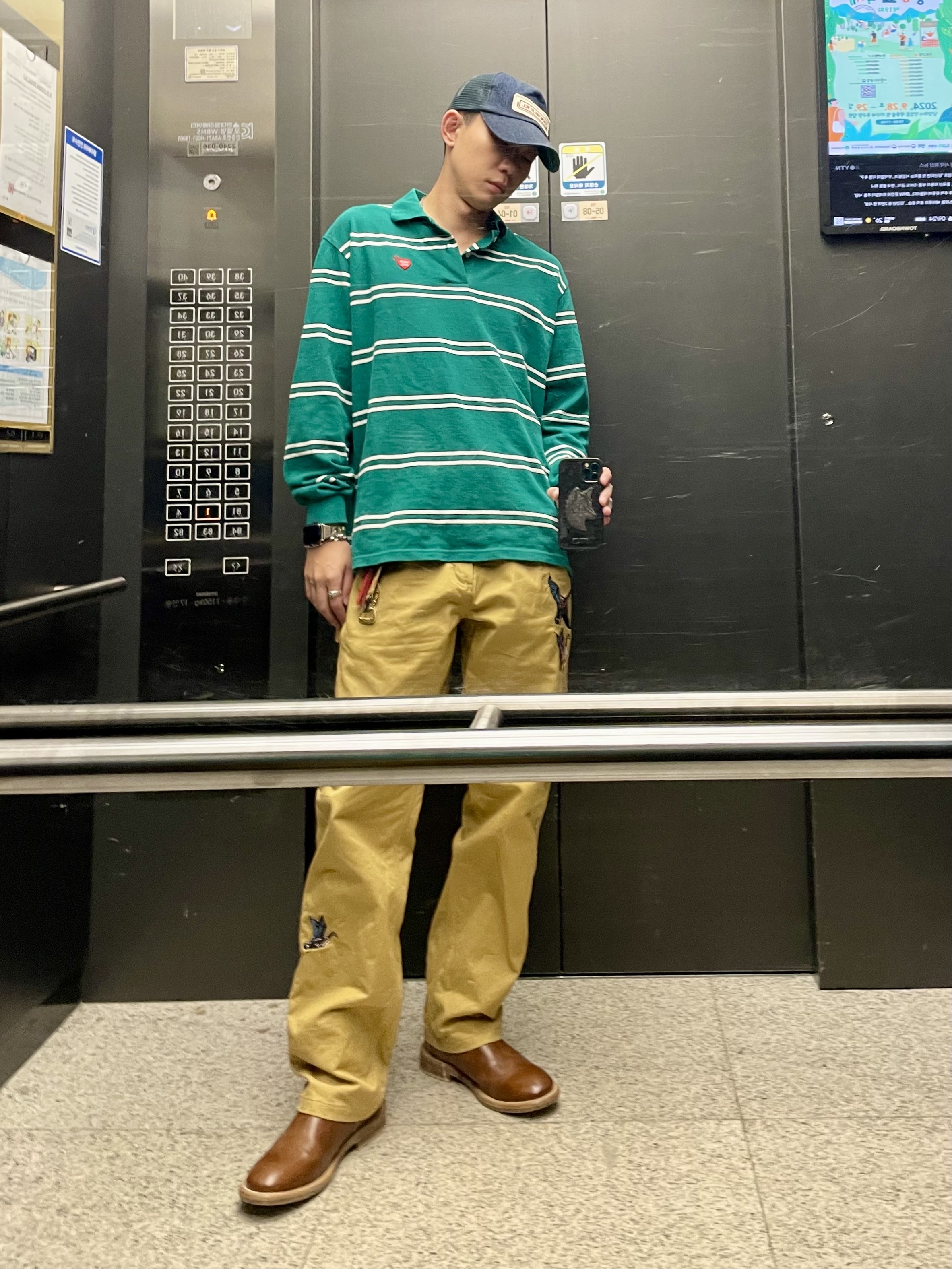 Human Made L/S Polo Shirt Green 착용 스타일