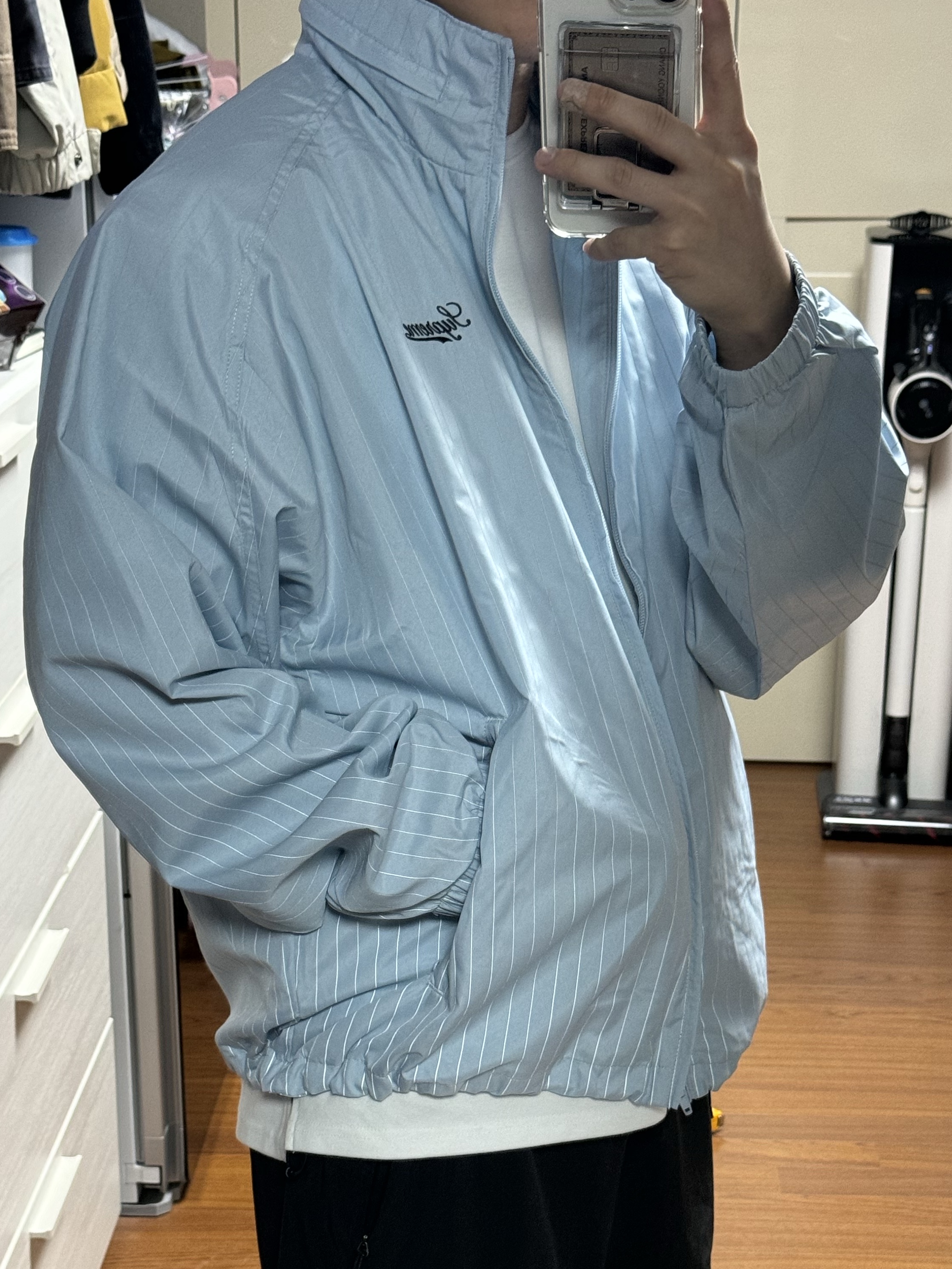 Supreme Reflective Pinstripe Track Jacket Light Blue - 24FW 착용 스타일 - 2