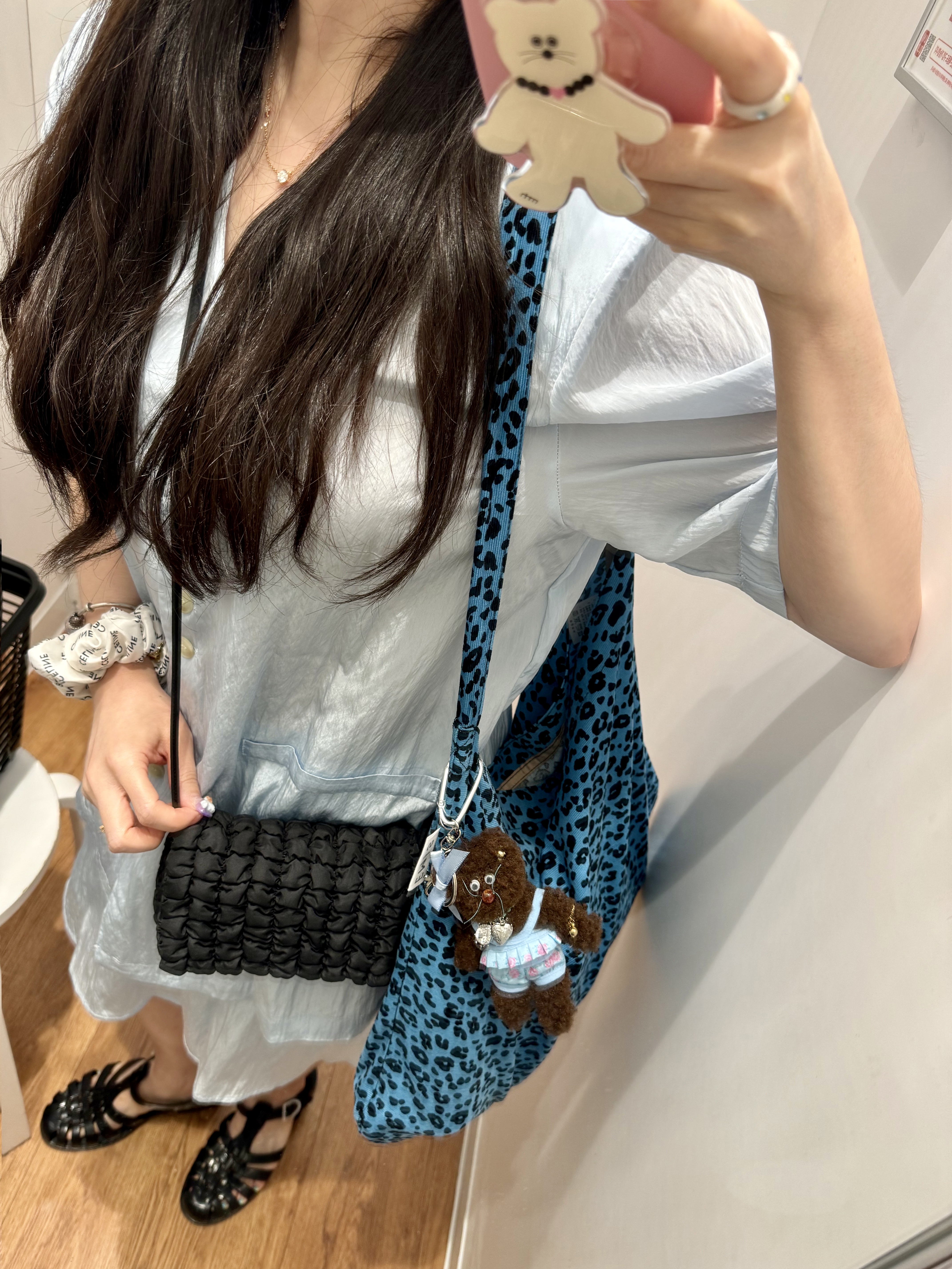 Emis Washed Denim Ball Cap Light Blue Denim Cream, Emis 22Y Leopard Corduroy Eco Bag Blue 착용 스타일 - 3