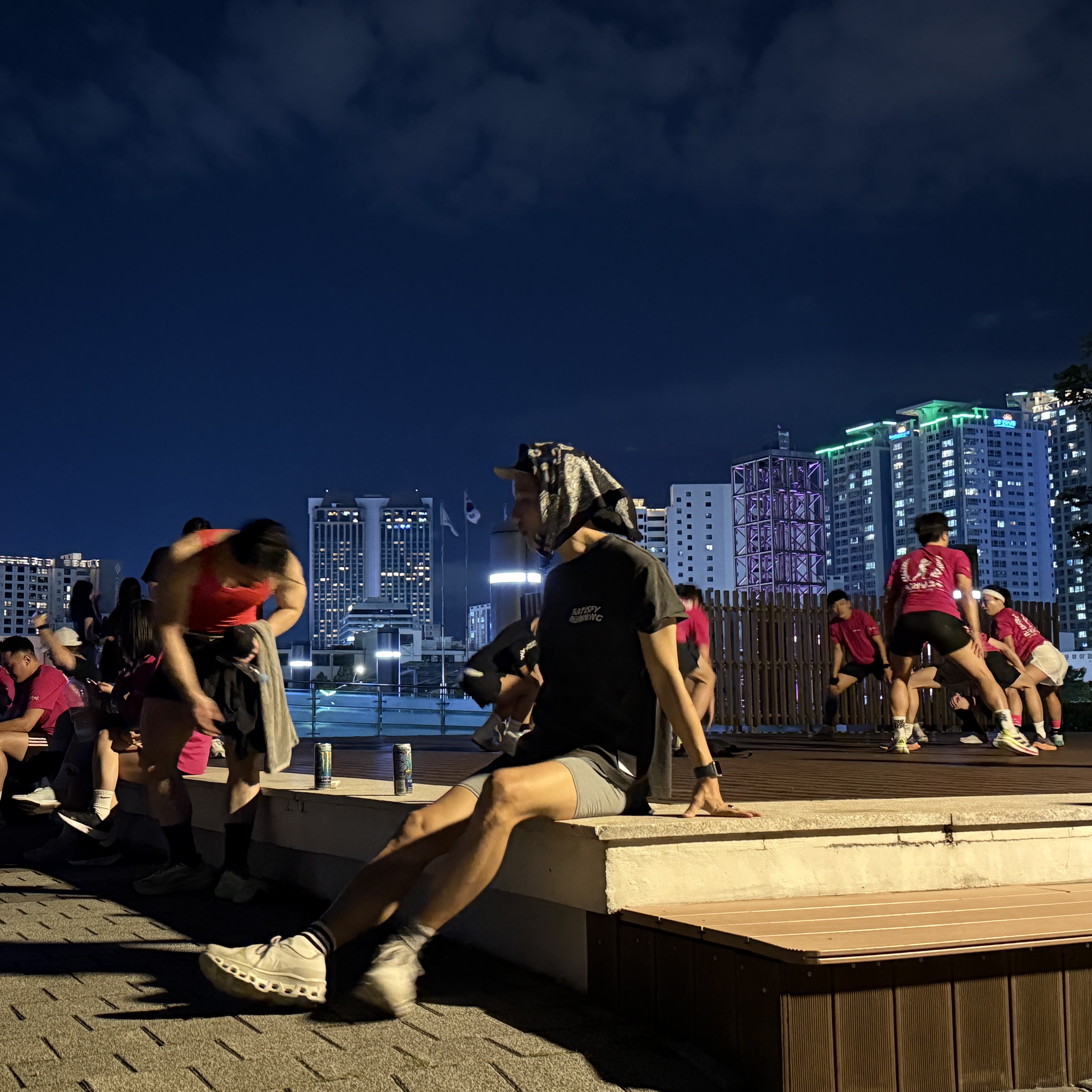 On Running x Post Archive Faction (Paf) Cloudmonster 2 Moondust Chalk, Optimistic Runners Marathon Shorts Light Grey 착용 스타일
