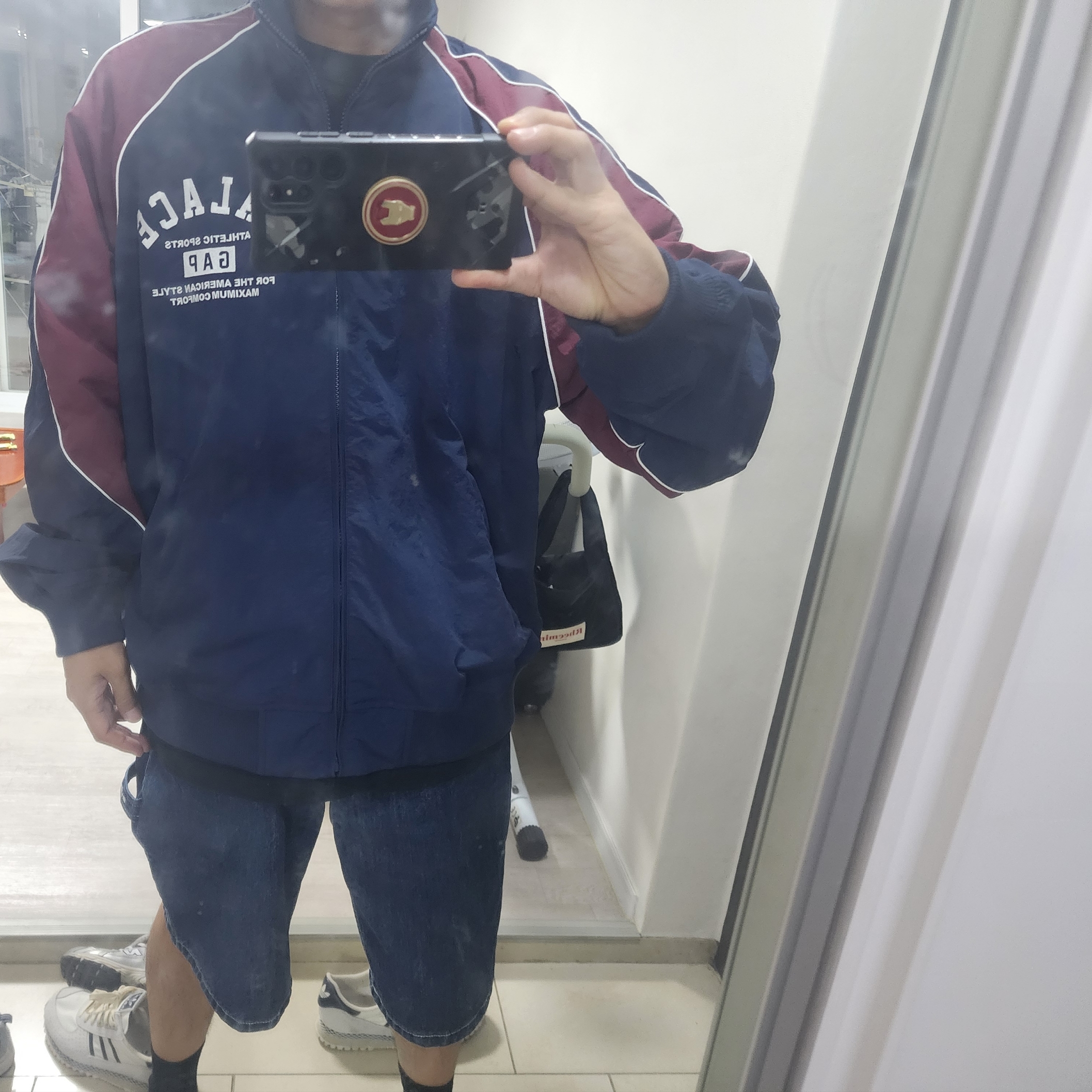 Palace x Gap Nylon Track Top Navy Red - 24SS, Supreme x Nike Denim Short Indigo - 24SS 착용 스타일