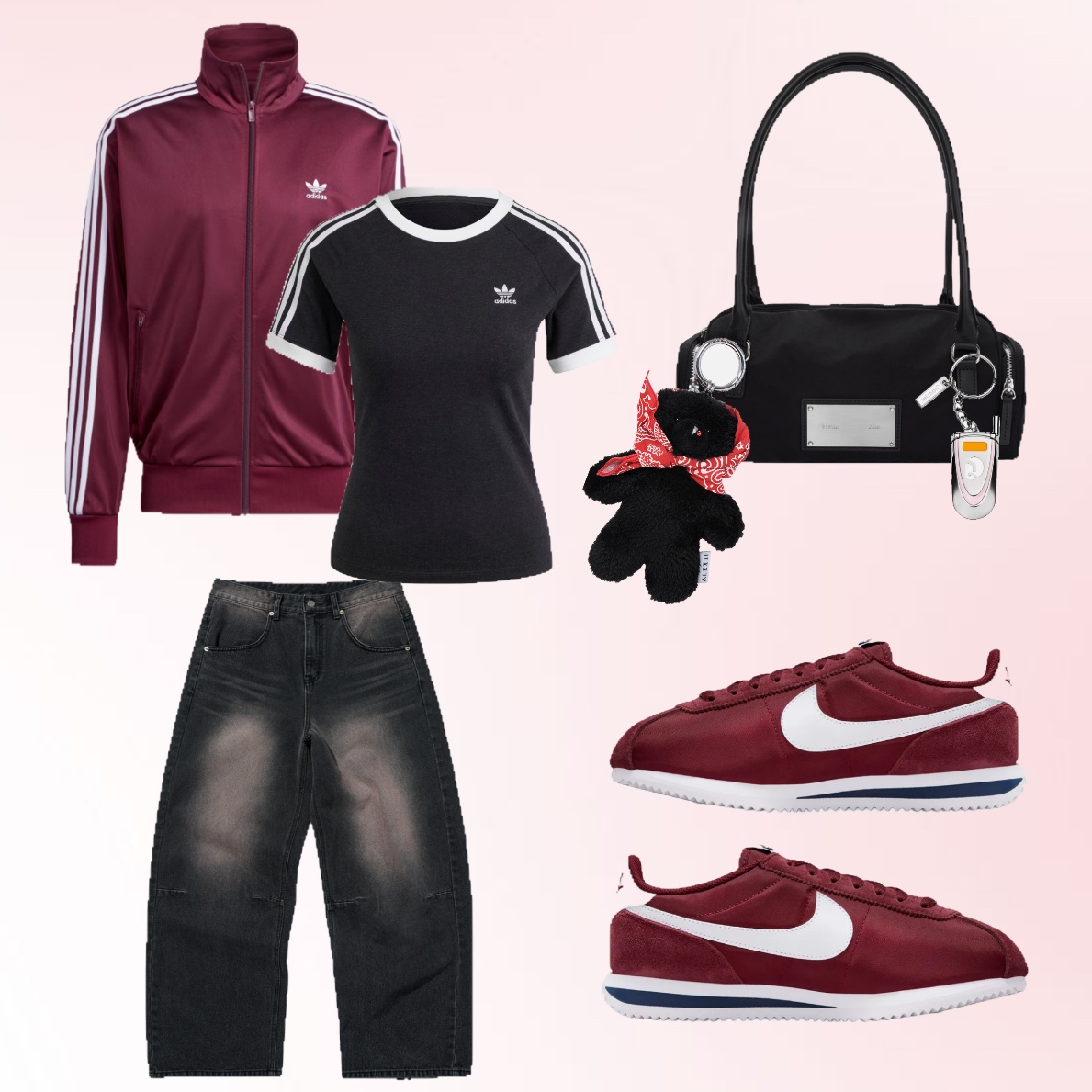 Adidas Adicolor Classic Firebird Track Top Maroon - KR Sizing, (W) Adidas 3S Slim Reglan T-Shirt Black Melange - KR Sizing 착용 스타일