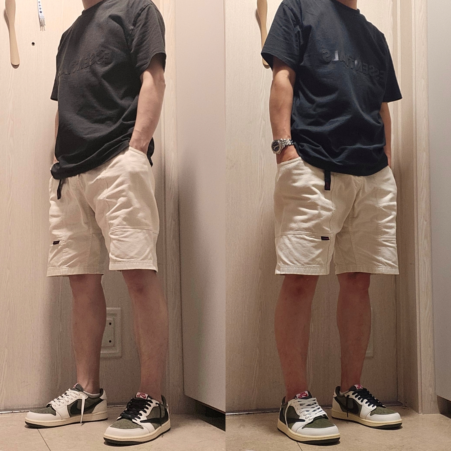 Jordan 1 x Travis Scott Retro Low OG SP Reverse Olive, Essentials 3D Silicon Applique Boxy T-Shirt Dark Slate/Black 2020 착용 스타일
