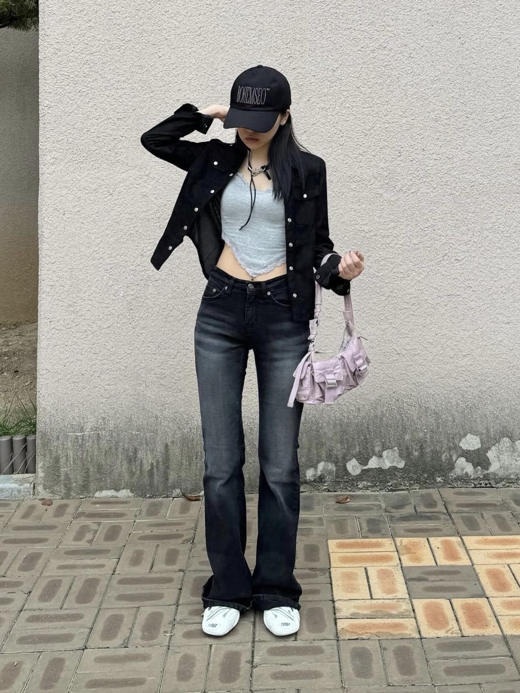Bohemian Seoul Signature Logo Pigment Ball Cap Black, Zara Pocket Shoulder Bag Mauve Violet 착용 스타일