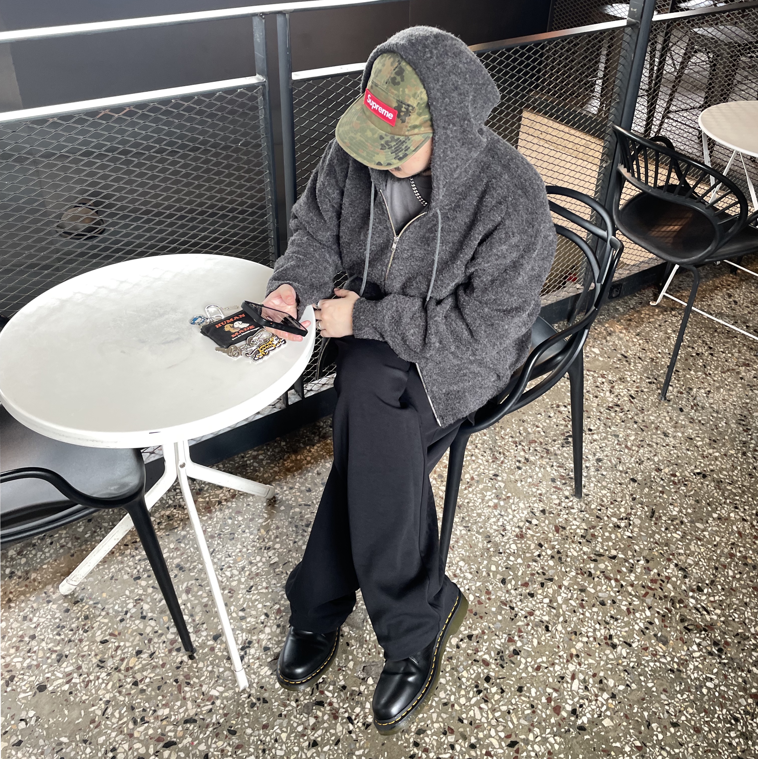 Supreme Military Camp Cap Flecktarn Camo - 23FW, Dr. Martens 1461 Smooth Black 착용 스타일