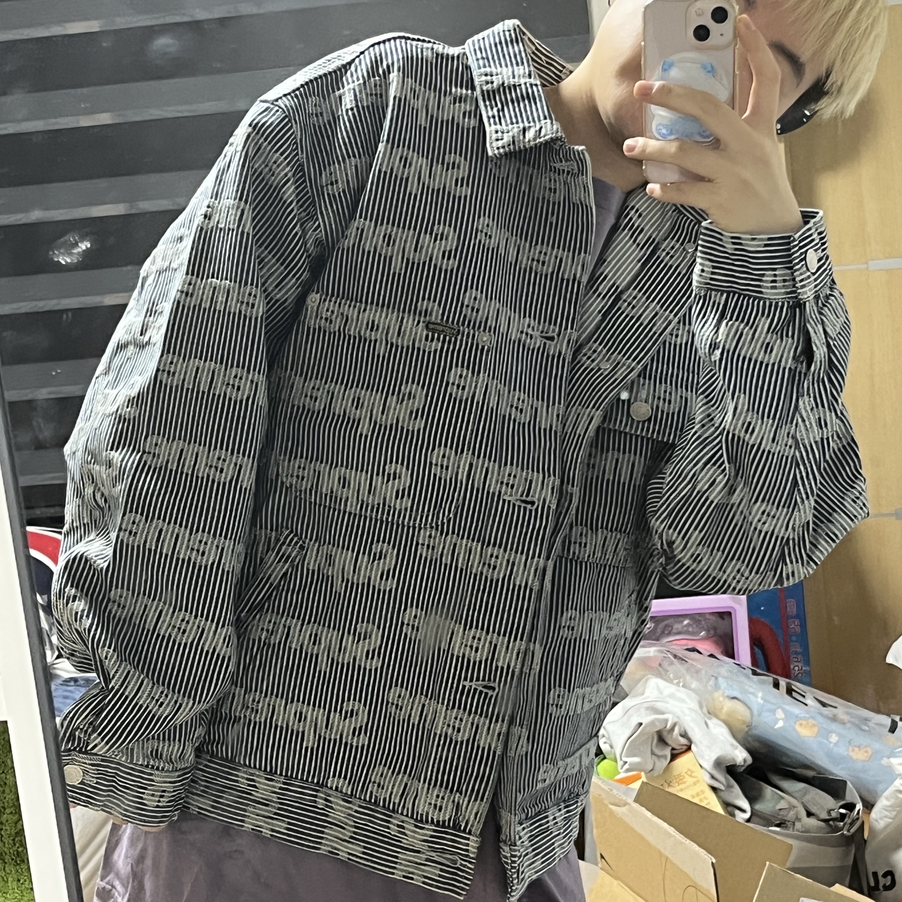 Supreme Denim Chore Trucker Jacket Stripe - 24SS 착용 스타일