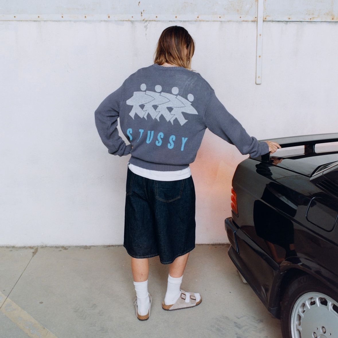Stussy Surfman Icon Cotton Linen Crew Dusty Blue 착용 스타일