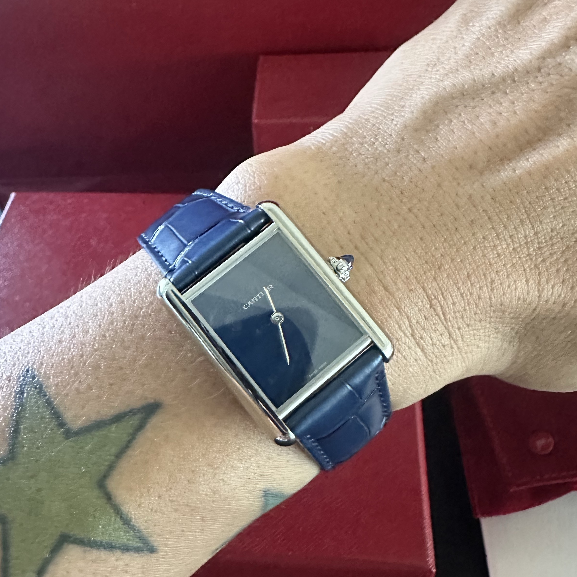 Cartier Tank Must Watch Large Quartz Steel Alligator Skin Blue, Rolex Sky-Dweller 42mm 336934 Bright Black Jubilee 착용 스타일 - 6