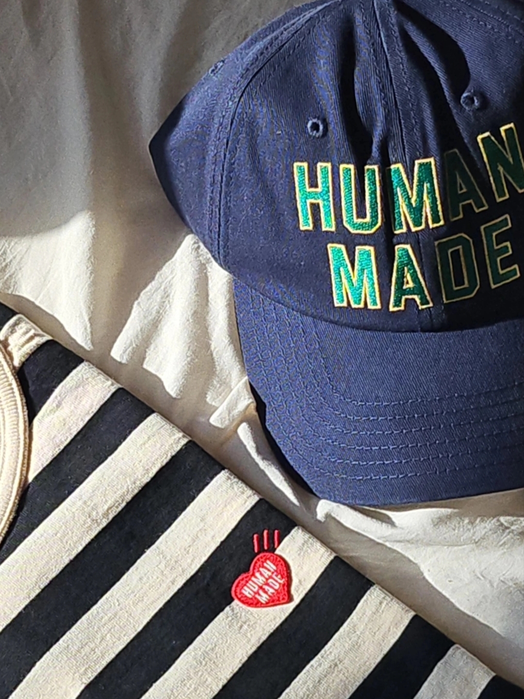 Human Made 6 Panel Cap #2 Navy, Human Made Striped L/S T-Shirt White 착용 스타일