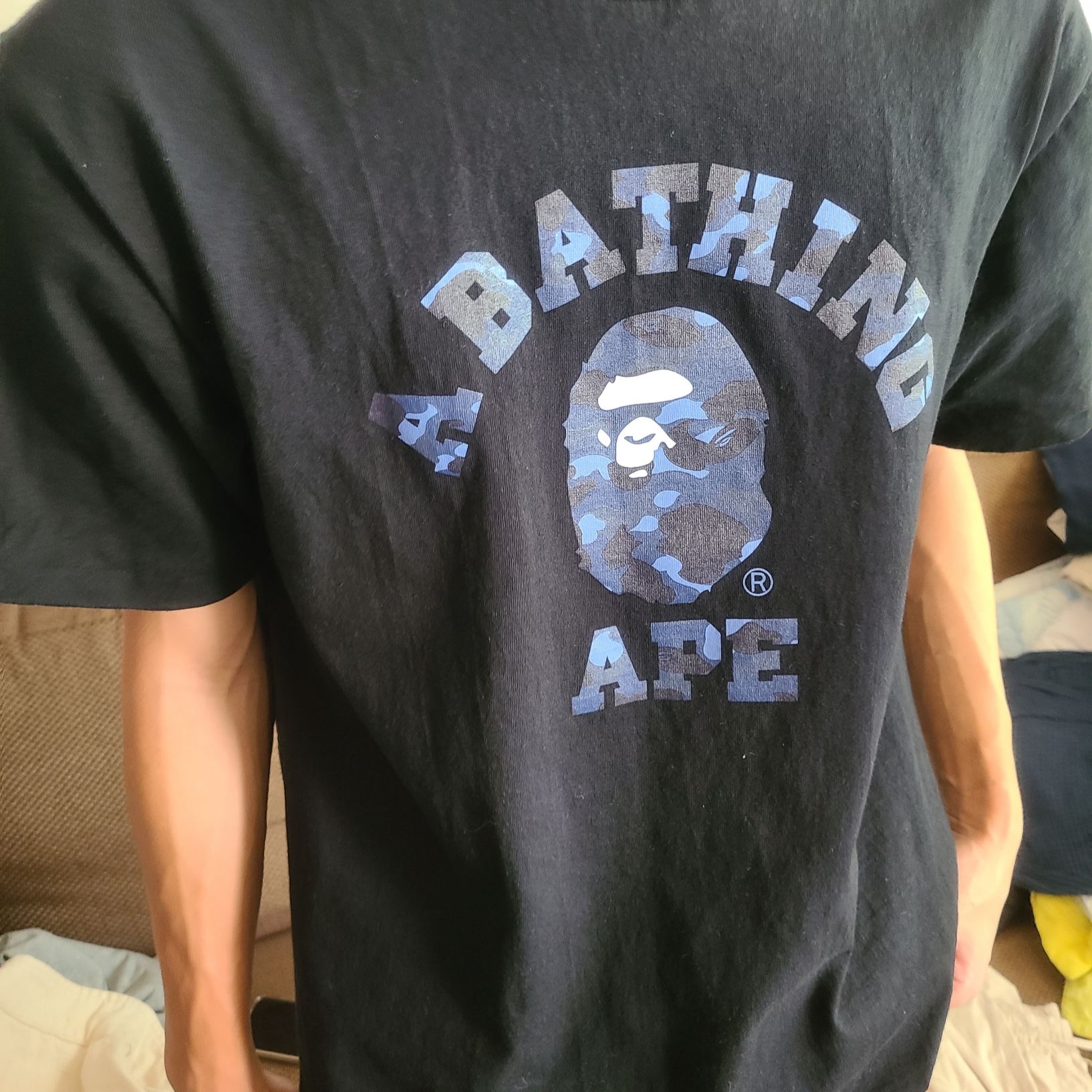 BAPE Color Camo College T-Shirt Black Navy 착용 스타일