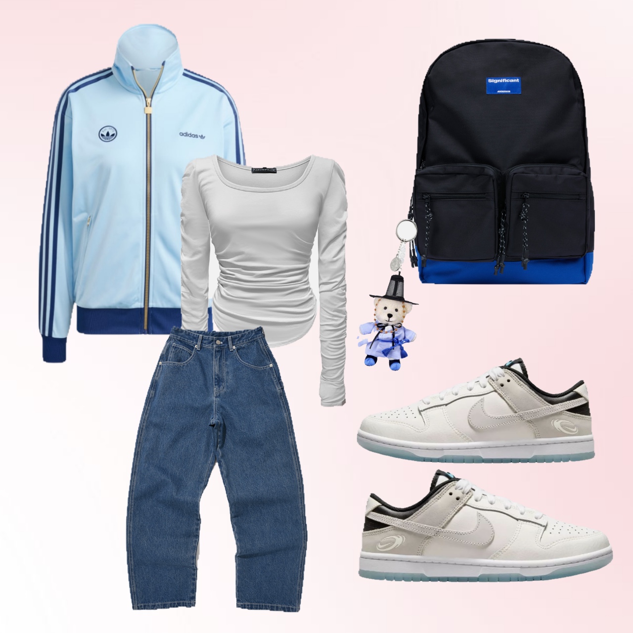 (W) Adidas Firebird Badge Track Top Clear Sky - KR Sizing, Suade Baggy Denim Blue 착용 스타일