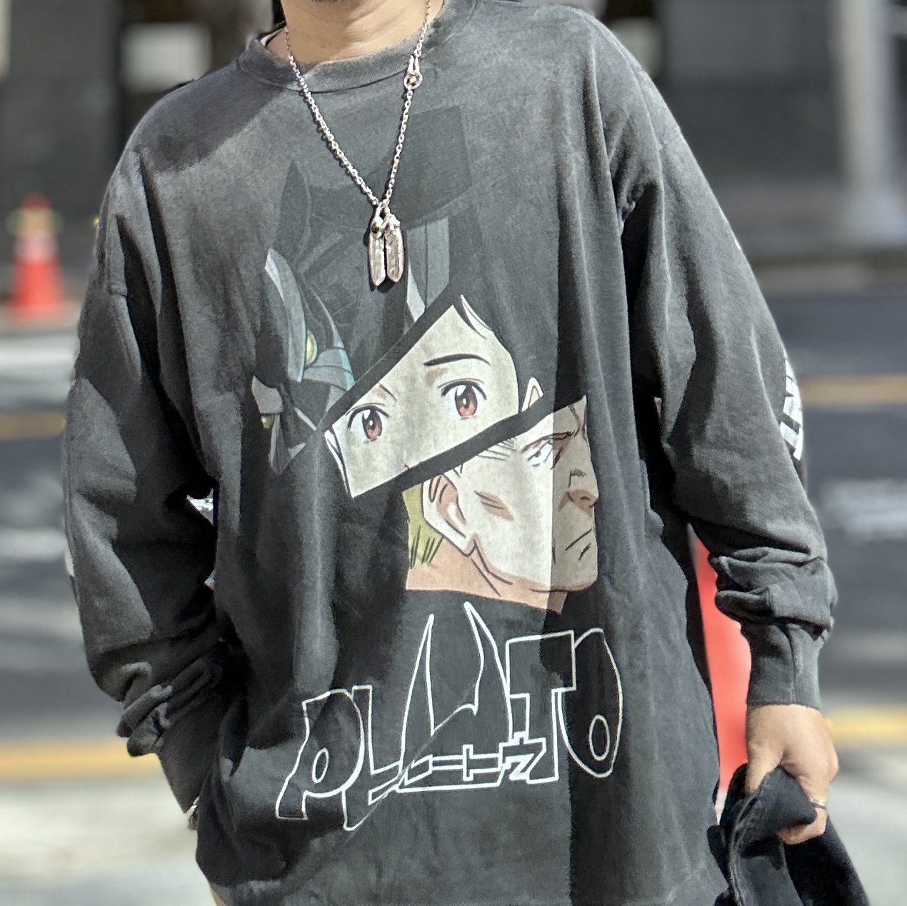 Saint Mxxxxxx x Pluto L/S T-Shirt Black, Kapital 14 oz. Denim Bone Print Book Bag Black 착용 스타일 - 2