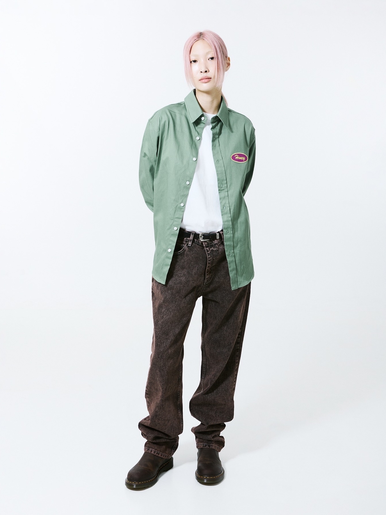 Honey Scoop House Honey Stitch Denim Brown, Honey Scoop House Vine 5p Cap White Blue 착용 스타일 - 1