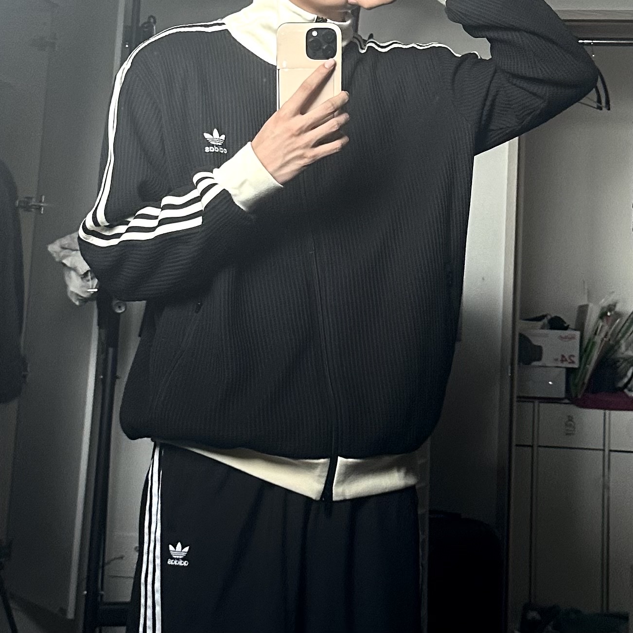 Adidas Waffle Beckenbauer Track Top Black - KR Sizing, (W) Adidas Adilenium Season 2 Oversized Zip Off Track Pants Gender Neutral Black - KR Sizing 착용 스타일 - 2