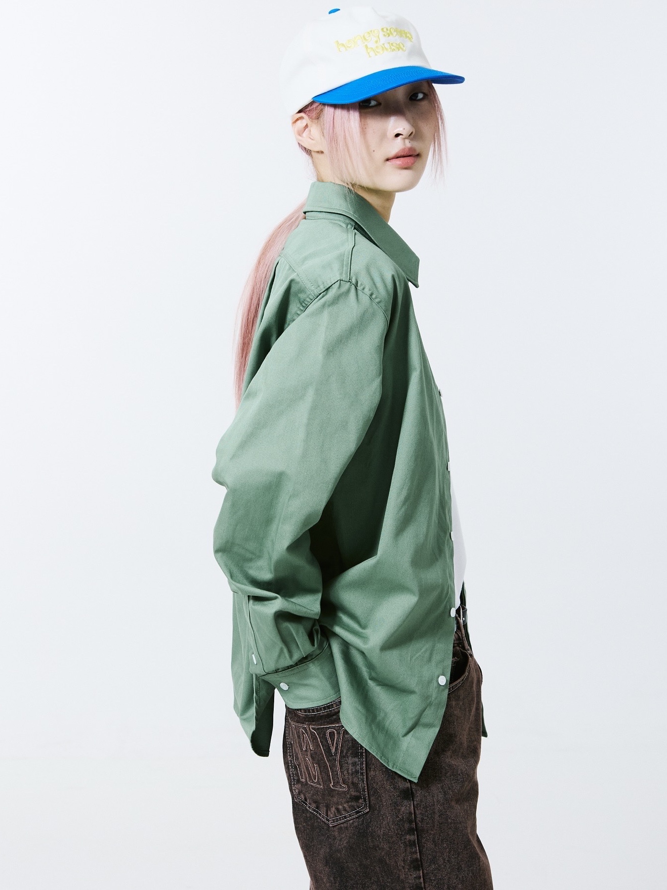 Honey Scoop House Honey Stitch Denim Brown, Honey Scoop House Vine 5p Cap White Blue 착용 스타일 - 2