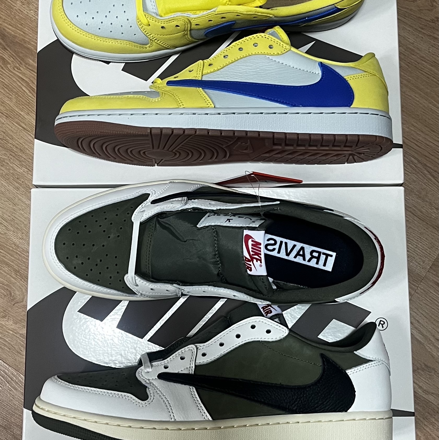 Jordan 1 x Travis Scott Retro Low OG SP Reverse Olive, (W) Jordan 1 x Travis Scott Retro Low OG SP Canary 착용 스타일