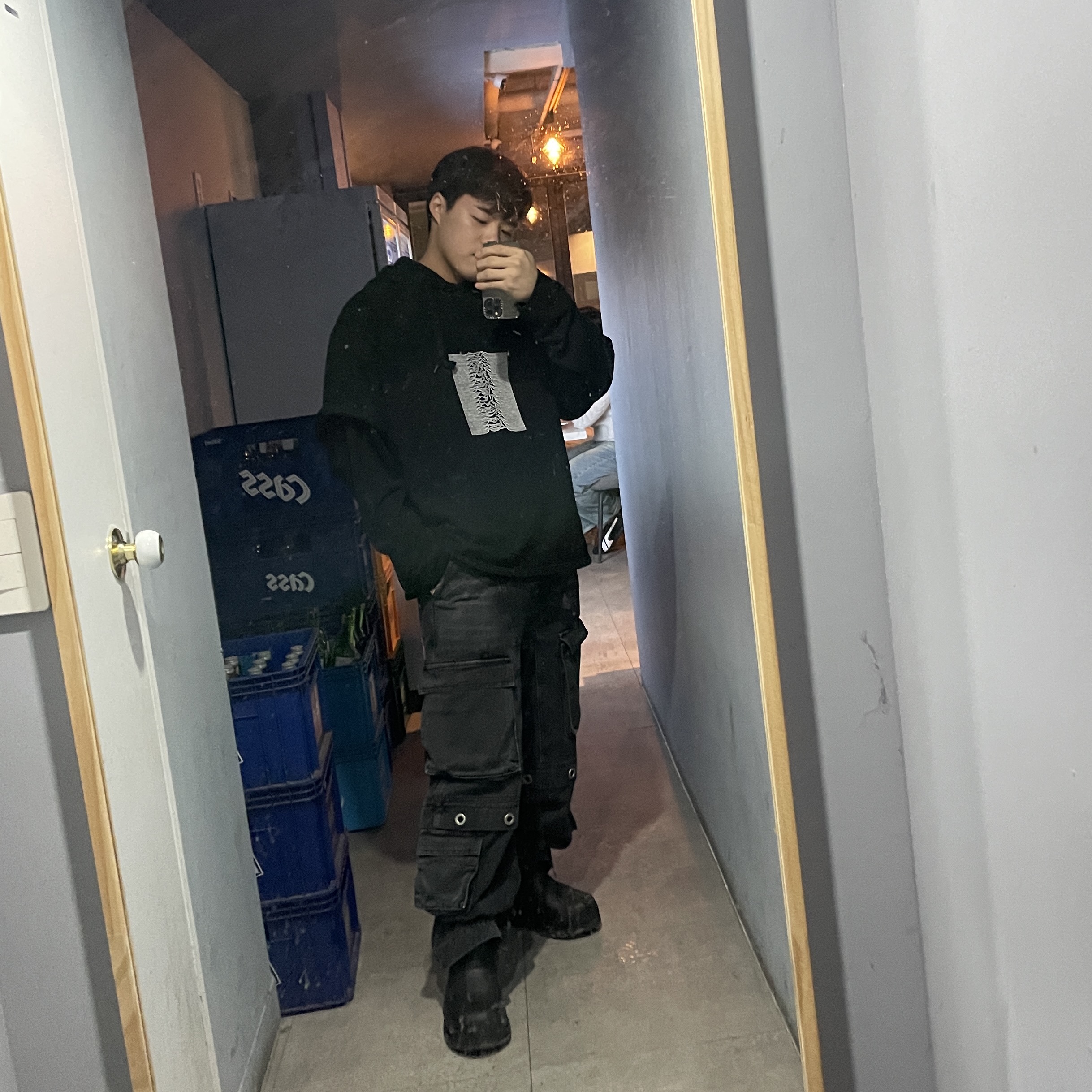 MJD Eyelet Cargo Denim Pants Black, (W) Adidas Adifom Superstar Boot Black 착용 스타일