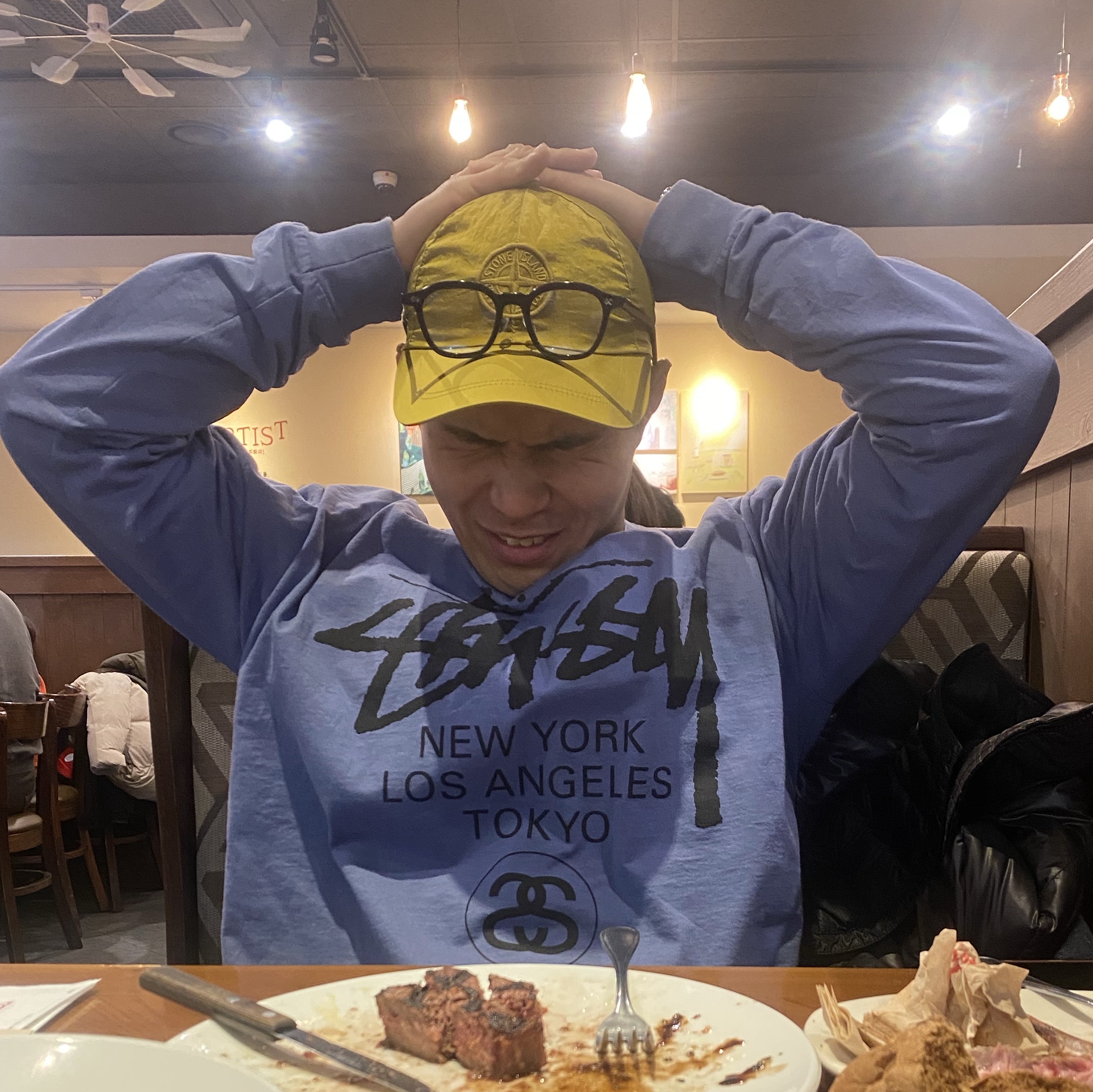 Stussy World Tour LS T-Shirt Storm 2023, Stone Island 99576 Nylon Metal 6-Panel Cap Yellow - 22SS 착용 스타일
