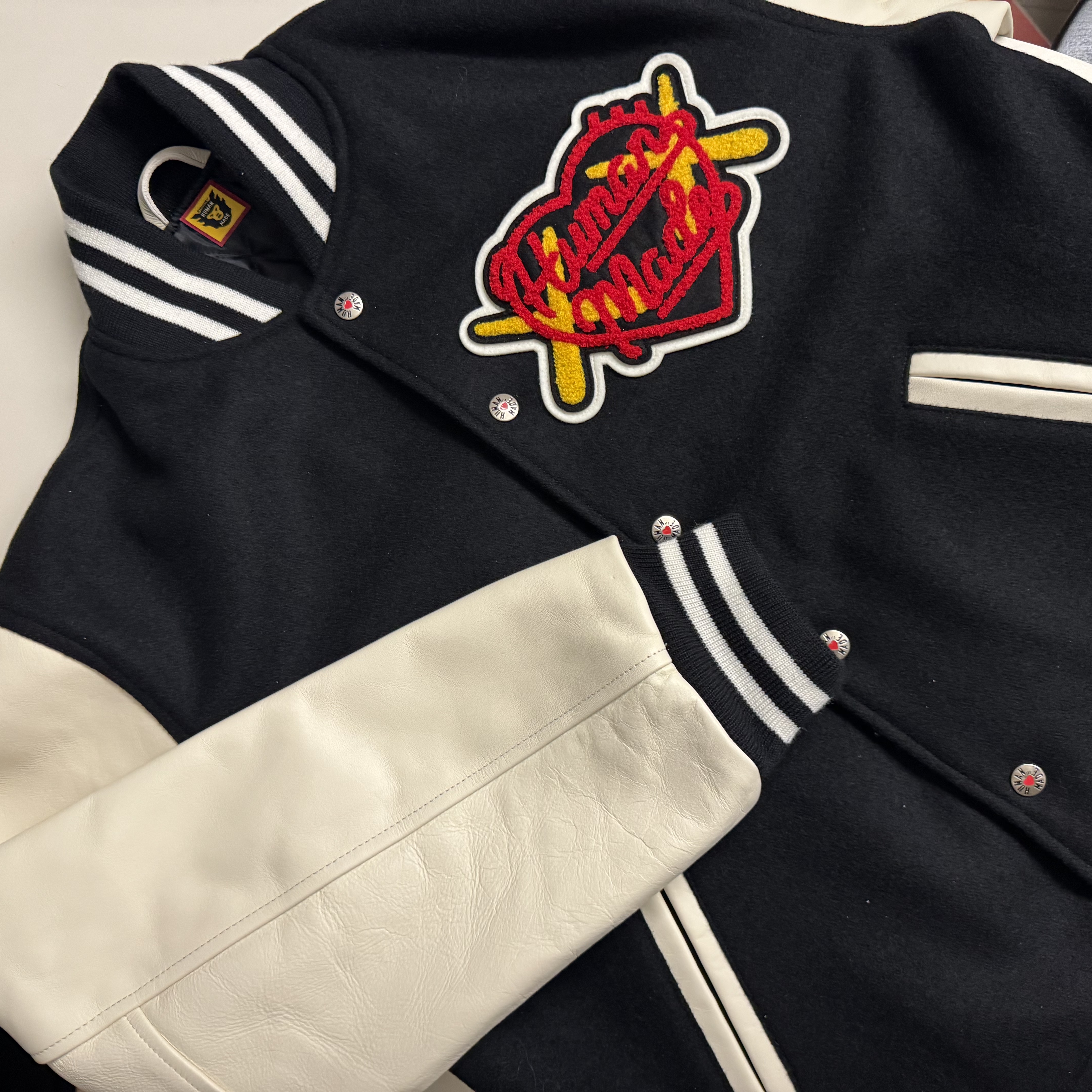 Human Made x Kaws Varsity Jacket #1 Black 착용 스타일 - 3