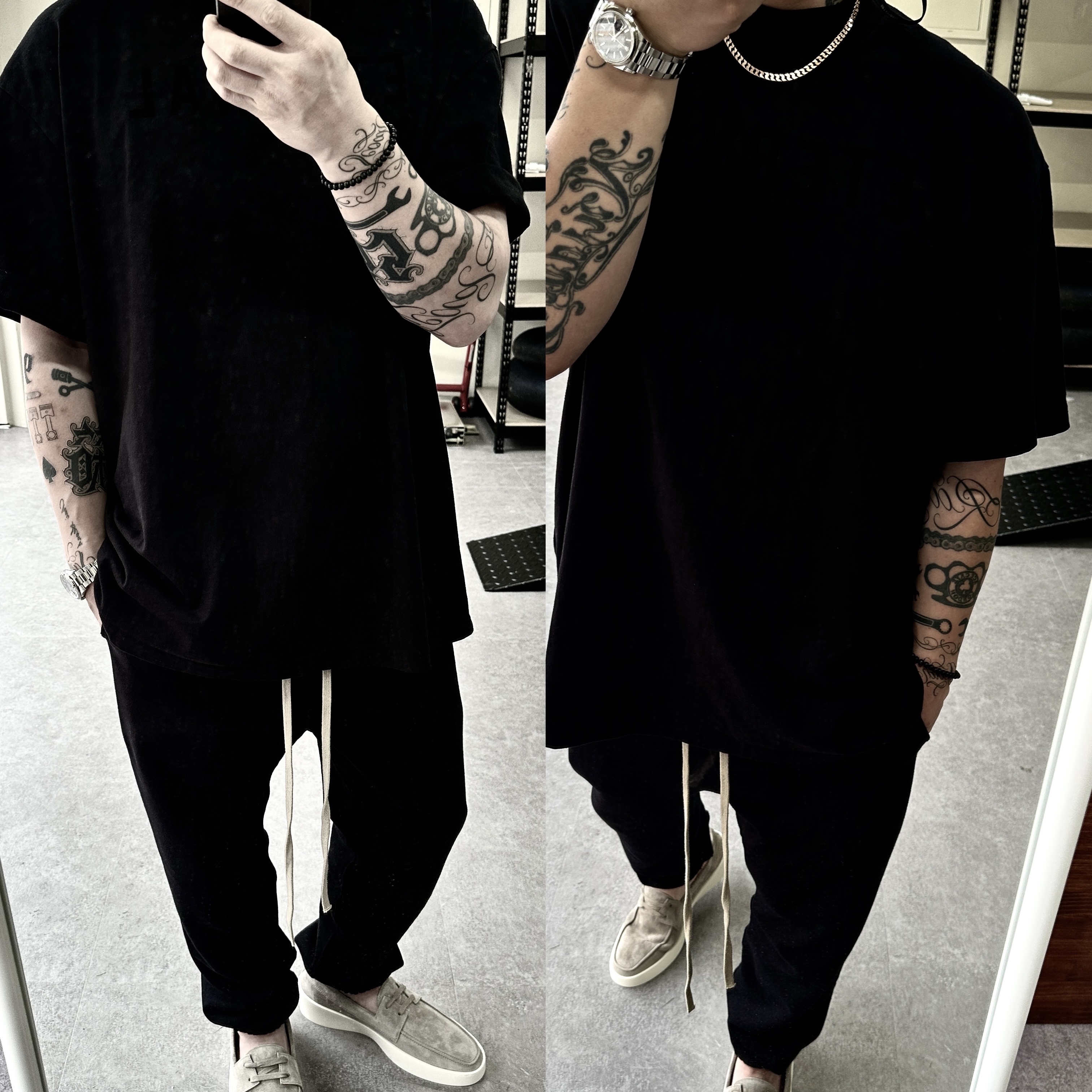 Fear of God Eternal Fleece Classic Sweatpants Black, Fear of God Cotton Short Sleeve T-Shirt Black 착용 스타일 - 3