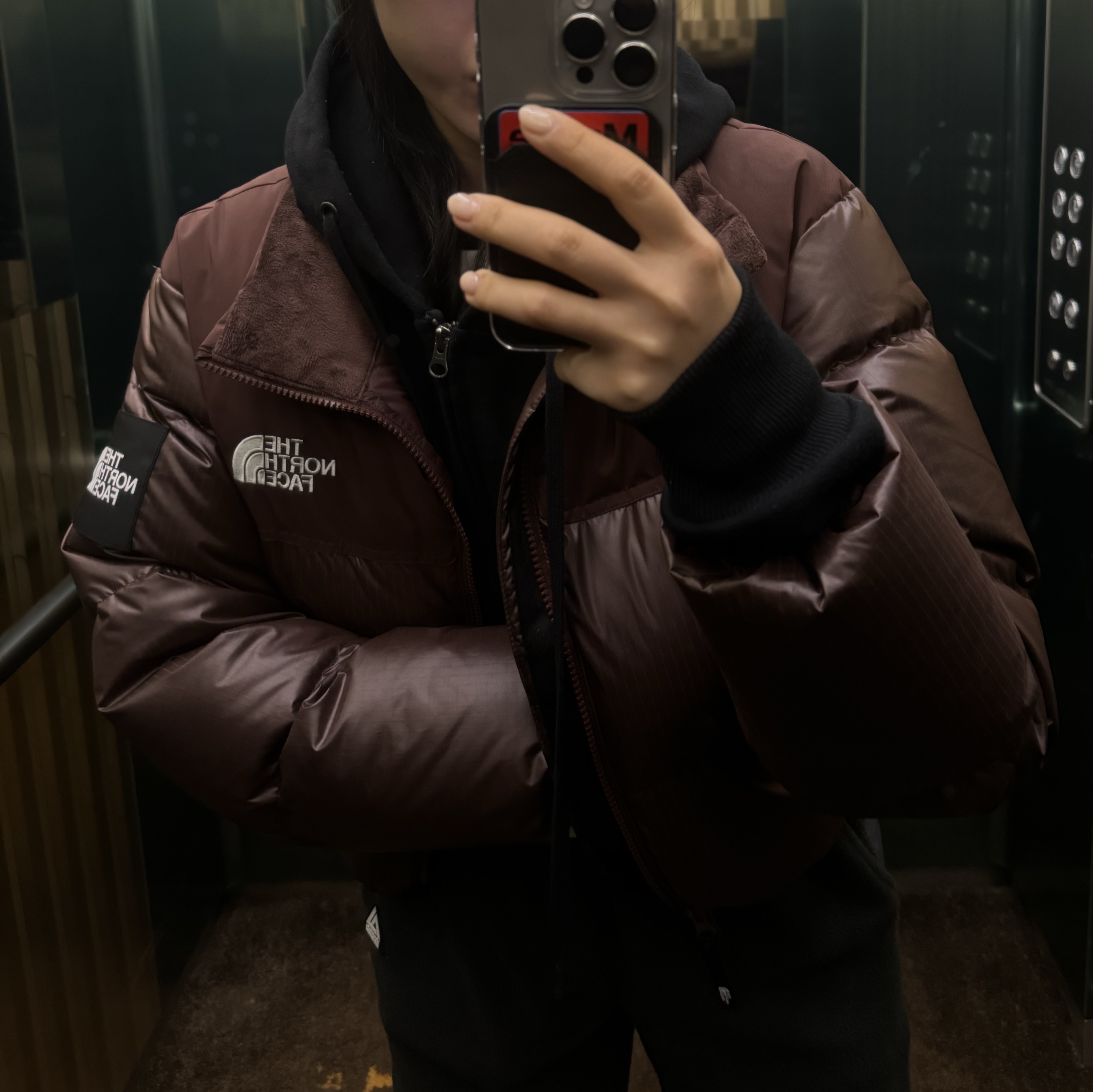 (W) The North Face White Label Novelty Nuptse Down Jacket Cocoa Brown 착용 스타일 - 2