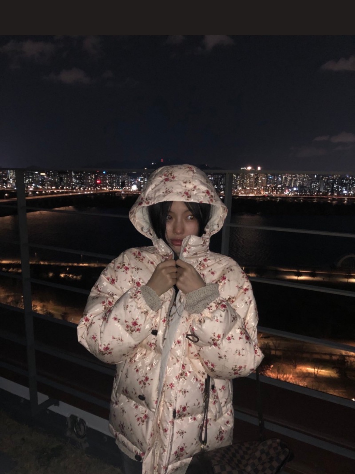 (W) Louis Vuitton Floral Print Long Puffer Jacket Pink Beige, Louis Vuitton Nano Alma Monogram 착용 스타일 - 2