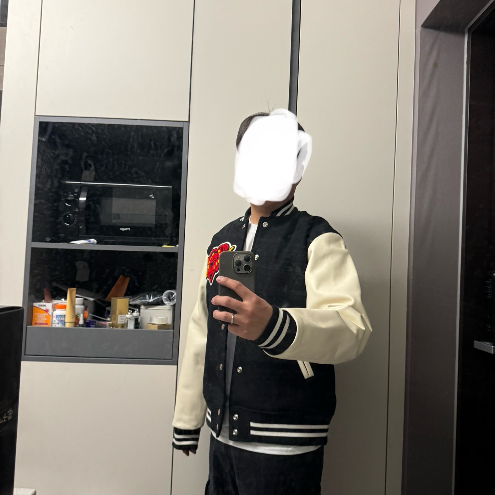 Human Made x Kaws Varsity Jacket #1 Black 착용 스타일 - 1