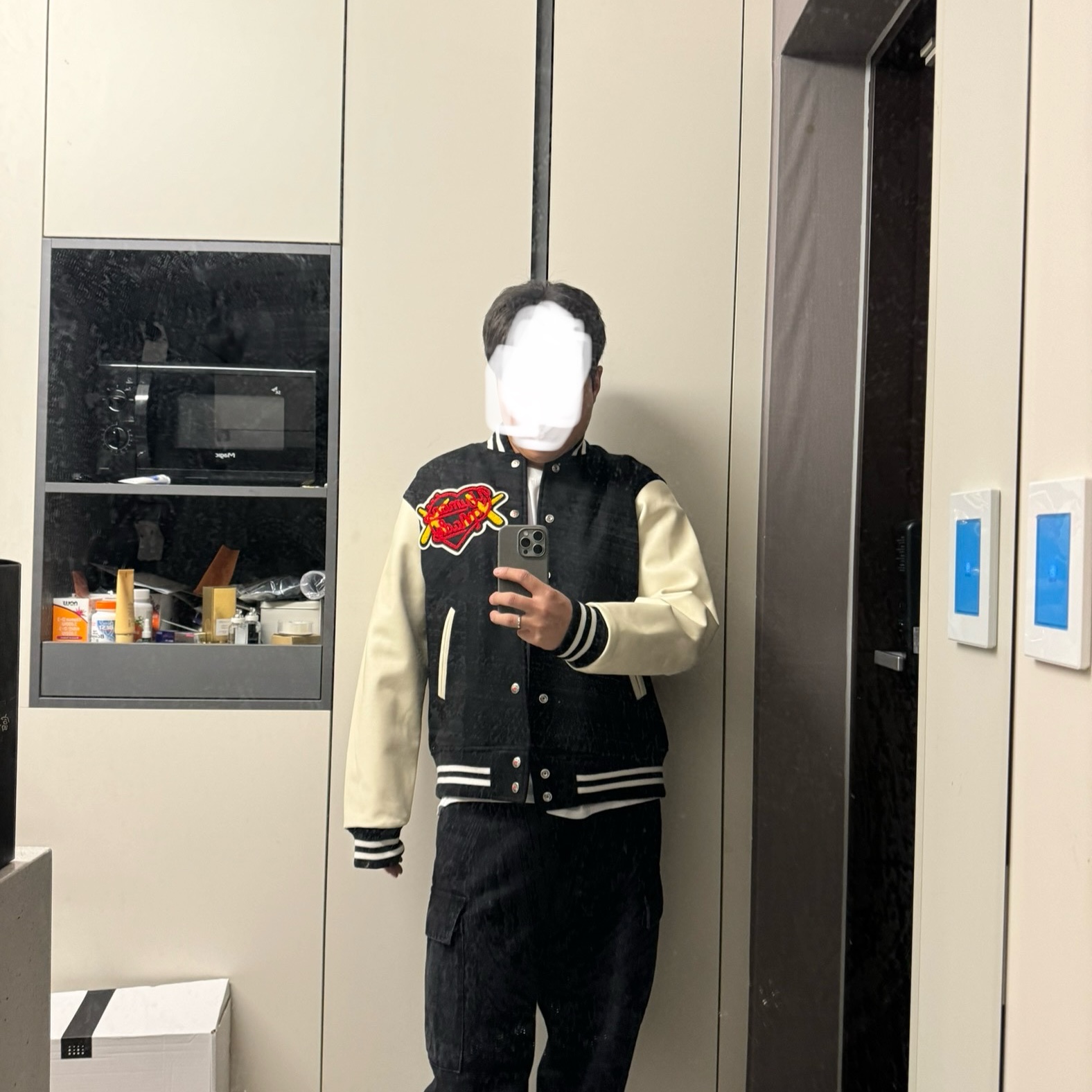Human Made x Kaws Varsity Jacket #1 Black 착용 스타일 - 2
