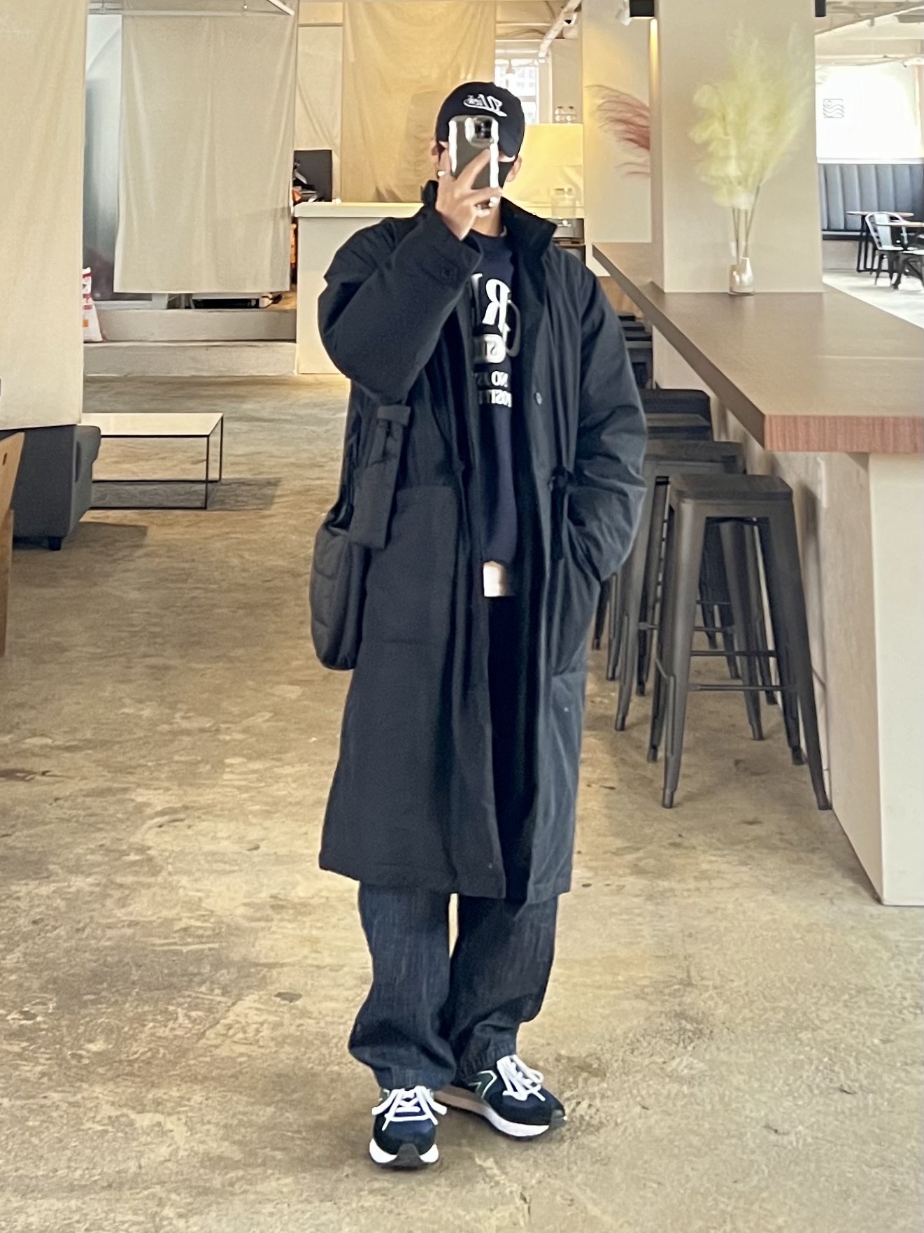 New Balance x Comme des Garcons Junya Watanabe Man 574 Legacy Navy Black, Polyteru Heavy Dell Coat Black 착용 스타일