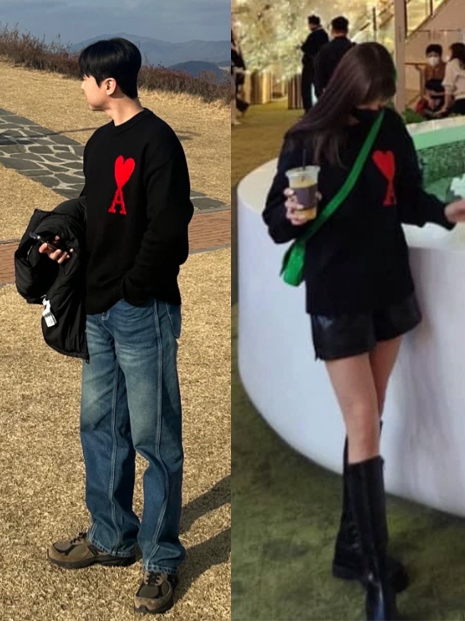 Nike Cable Knit LS Sweater Rattan - Asia, AMI de Coeur Oversize Intarsia Sweater Black Red 착용 스타일 - 3