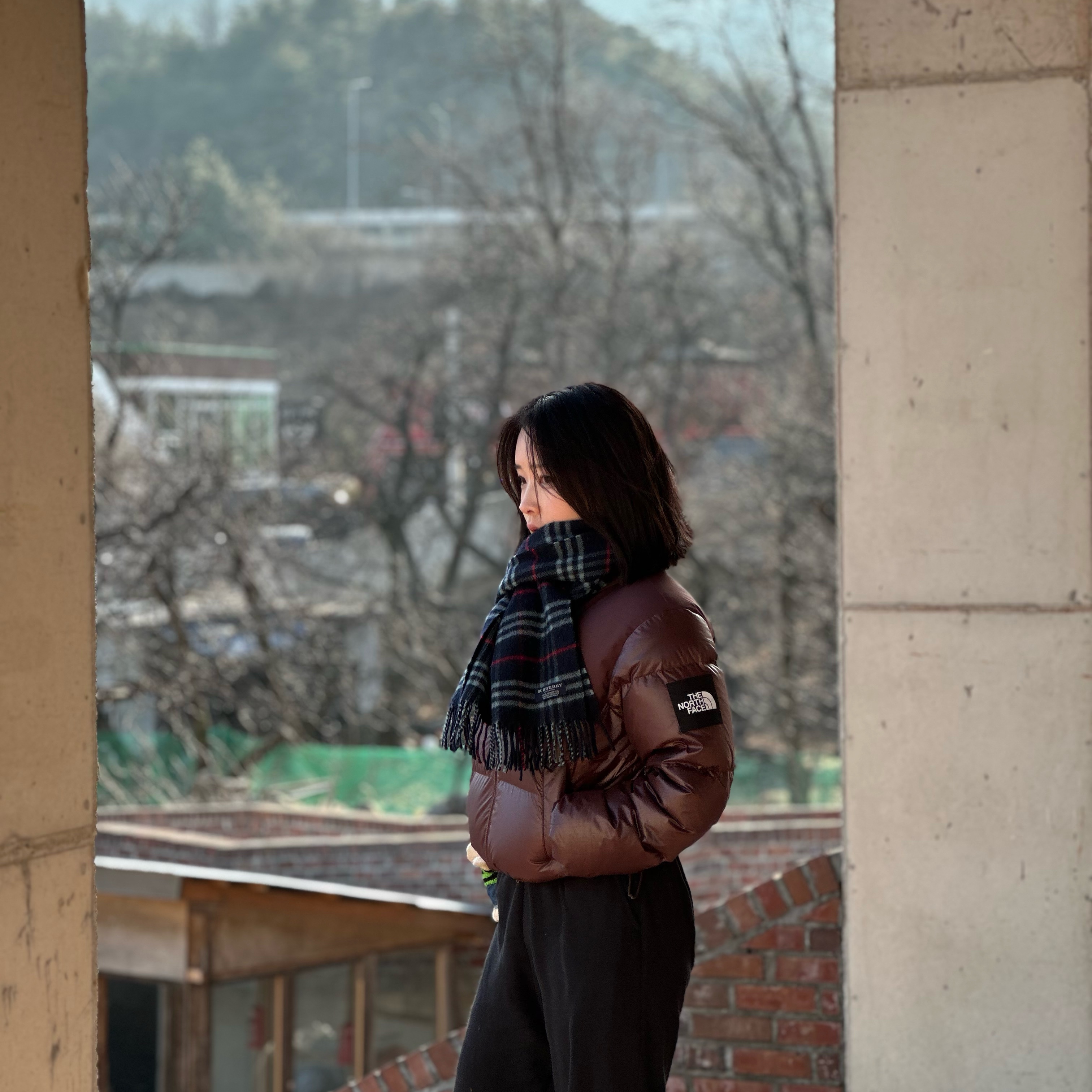 (W) The North Face White Label Novelty Nuptse Down Jacket Cocoa Brown 착용 스타일