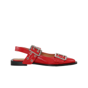 (W) Ganni Wide Welt Buckle Ballerinas Racing Red