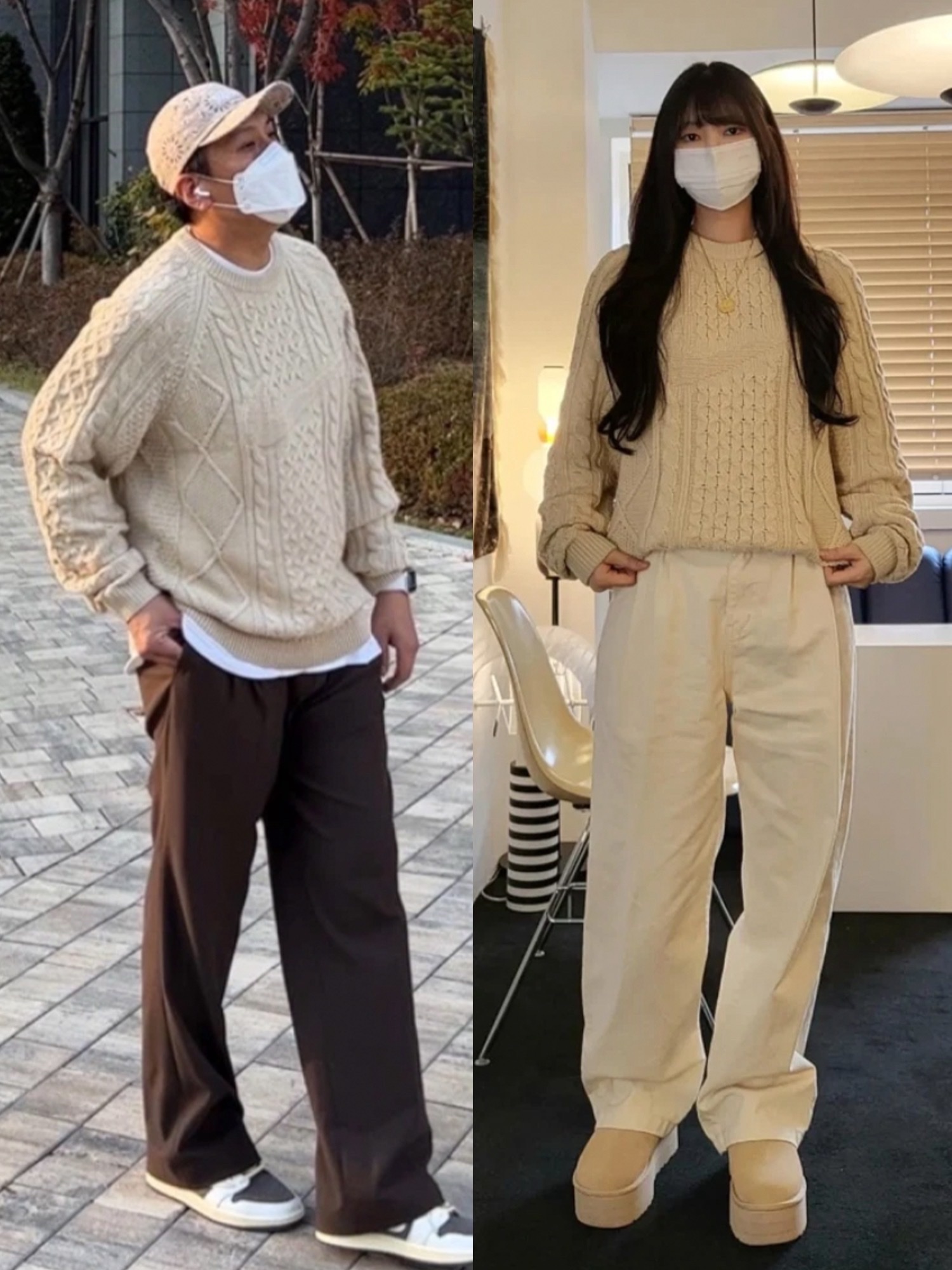 Nike Cable Knit LS Sweater Rattan - Asia, AMI de Coeur Oversize Intarsia Sweater Black Red 착용 스타일 - 2