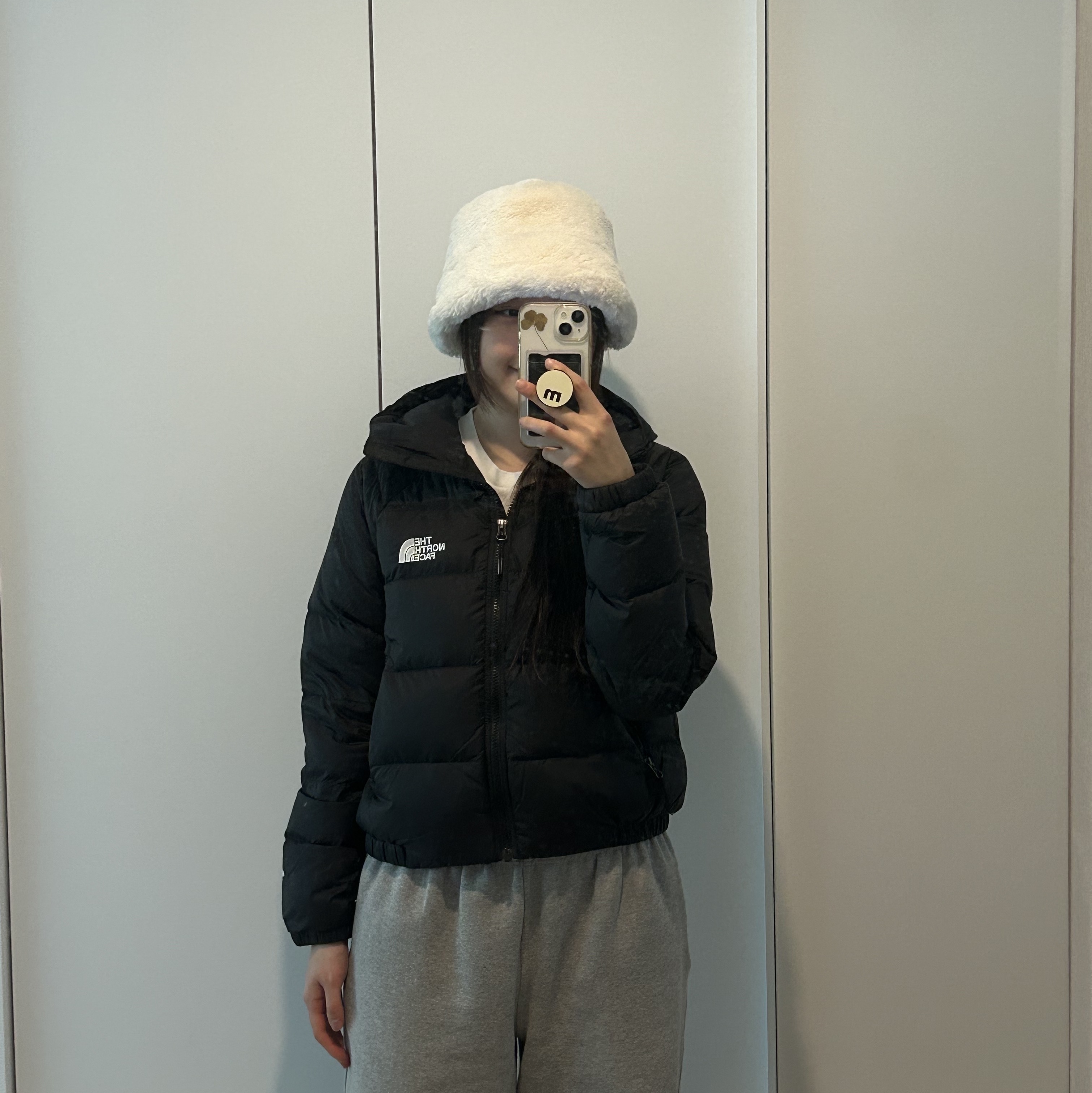(W) The North Face Hydrenalite Down Hoodie Black 착용 스타일
