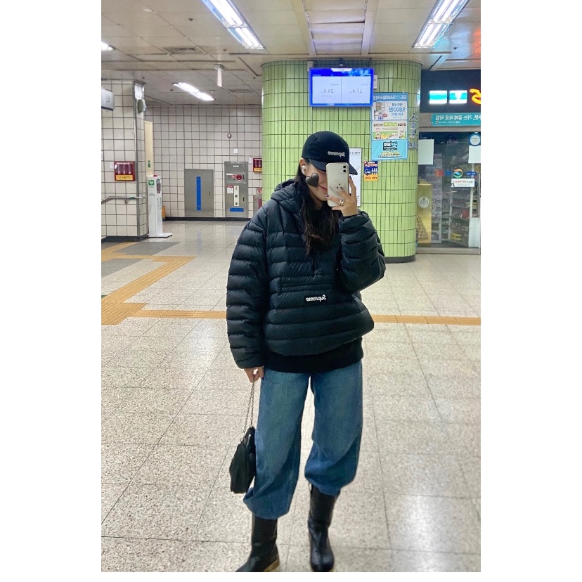 Supreme Washed Chino Twill Camp Cap Black, Supreme Micro Down Half Zip Hooded Pullover Black - 23FW 착용 스타일