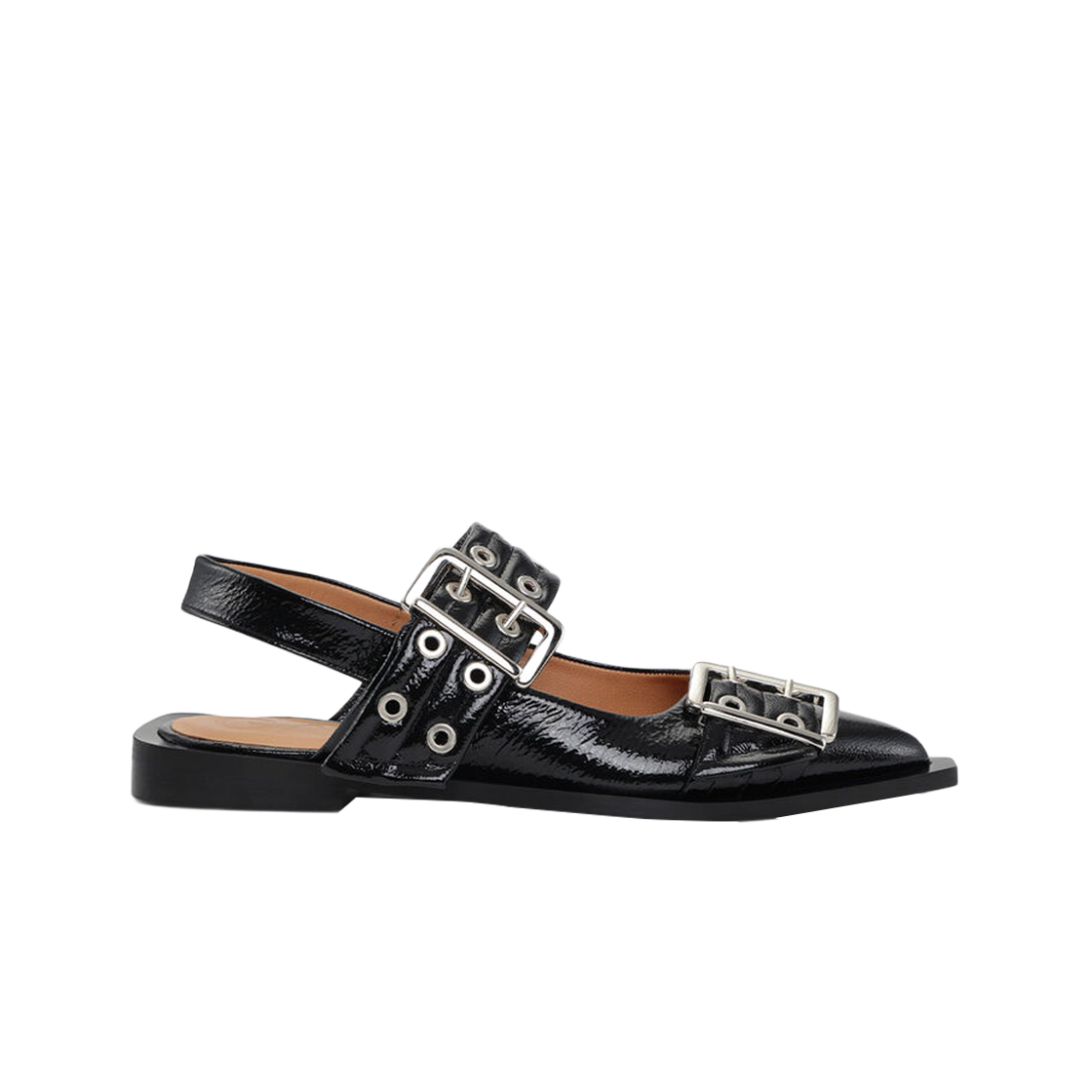 (W) 가니 페미닌 버클 발레리나 블랙((W) Ganni Feminine Buckle Ballerinas Black)