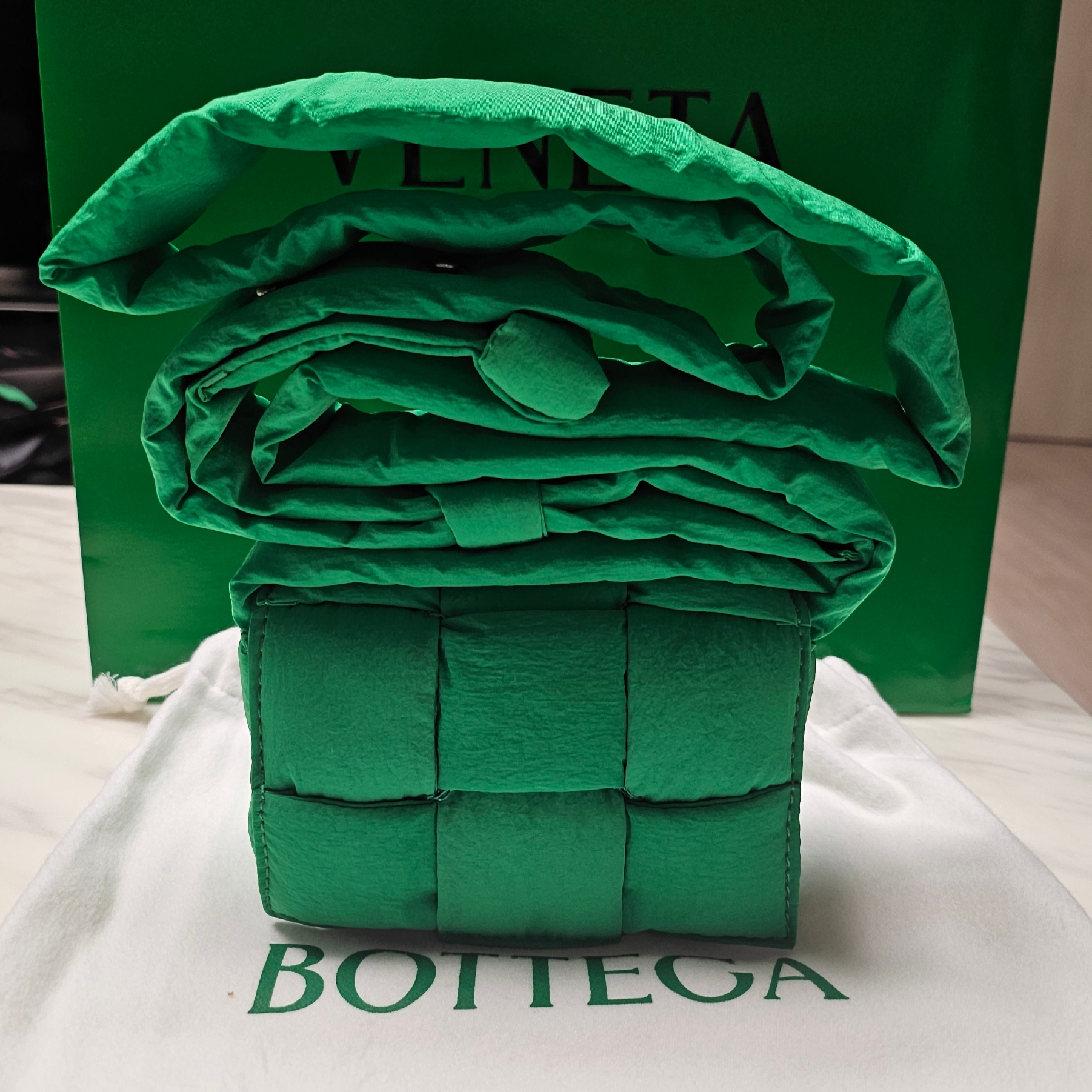 Bottega Veneta Mini Padded Tech Cassette Parakeet 착용 스타일 - 3