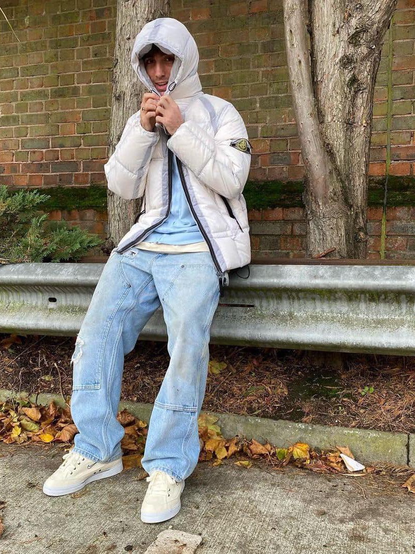 Supreme x Stone Island Painted Camo Crinkle Down Jacket Black - 20FW, Stone Island 40623 Garment Dyed Crinkle Reps Recycled Nylon Down Jacket Plaster - 23FW 착용 스타일 - 5