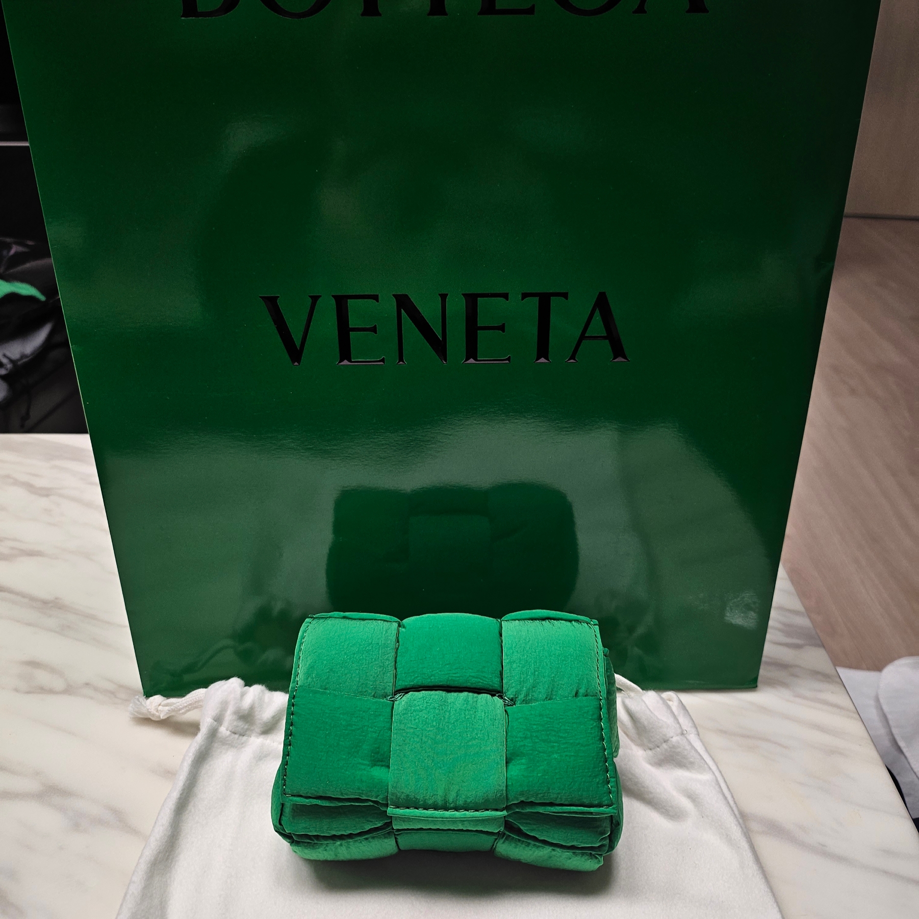 Bottega Veneta Mini Padded Tech Cassette Parakeet 착용 스타일 - 1